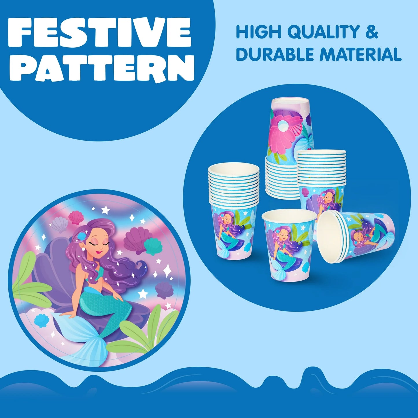 Syncfun 145 Pcs Mermaid Party Supplies for Kids Birthday with Banner 24 Serves Disposable Tableware Set with Plates, Cups, Napkins & Cutlery, Mermaid Birthday Party Decoration for Girls