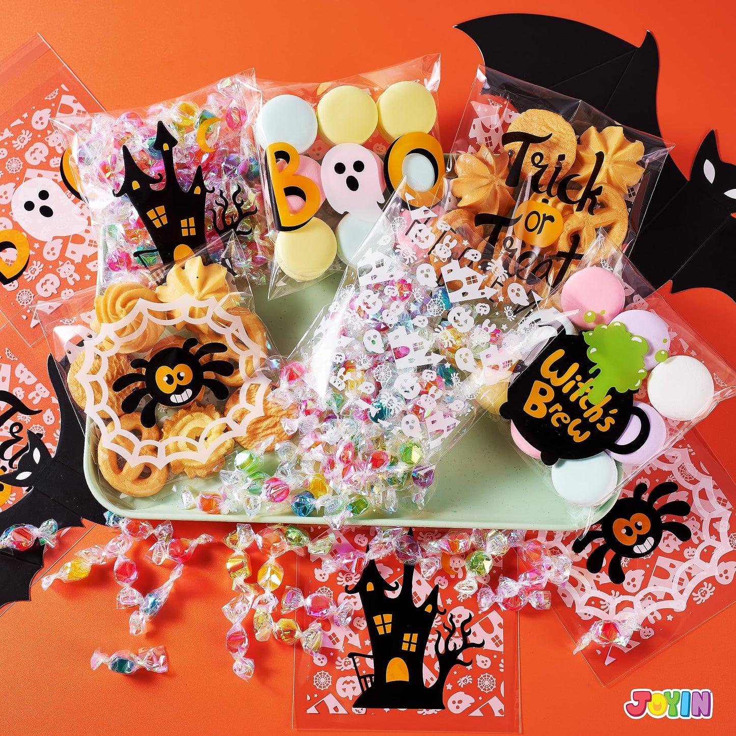 Joyfy 150 Pcs Halloween Treat Bags,Small Goodie Bags Clear Cookie and Candy Bags for Kids Trick or Treating,Cellophane Bags Halloween Party Supplies