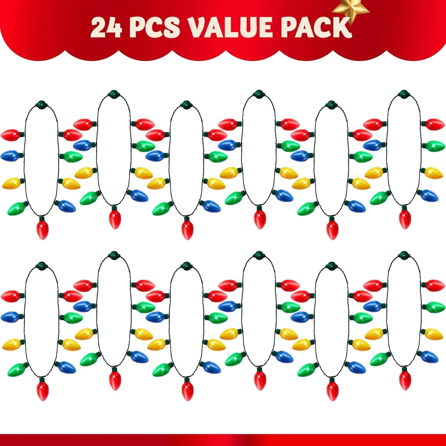 Joyfy 24 Pcs Christmas LED Light up Bulb Necklaces 9 Bulbs LED Necklaces Holiday Costume Accessories for Christmas Xmas Party Favor Party Supplies