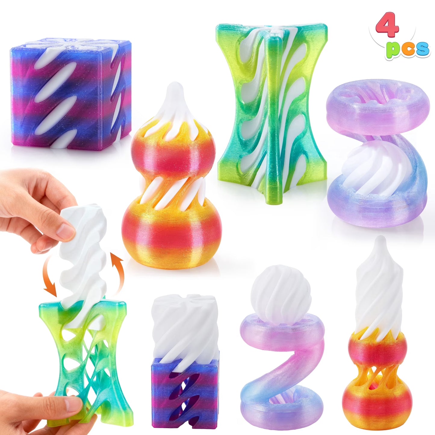 Joyfy 4 Pcs 3D Printed Fidget Toys Impossible Spiral Cone Flexible Pyramid Passthrough Cool Fidgets Stress Relief Gifts for Birthday & Christmas