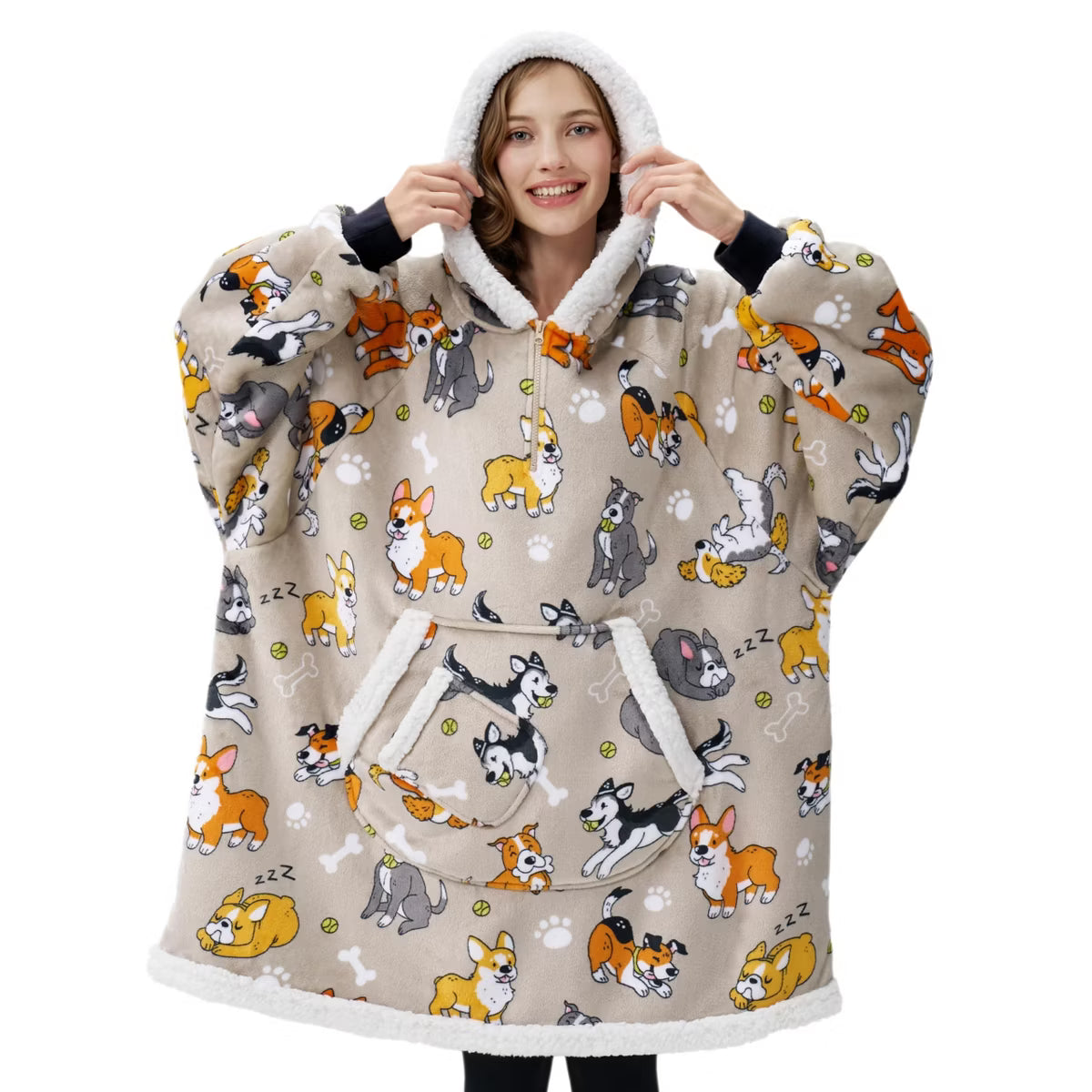 Joyfy Wearable Blanket Hoodie for Women Teen Girls Birthday Christmas Gifts Mom Wife, Flannel Fleece Hooded Robe with Pocket & Sleeves Grey Dog