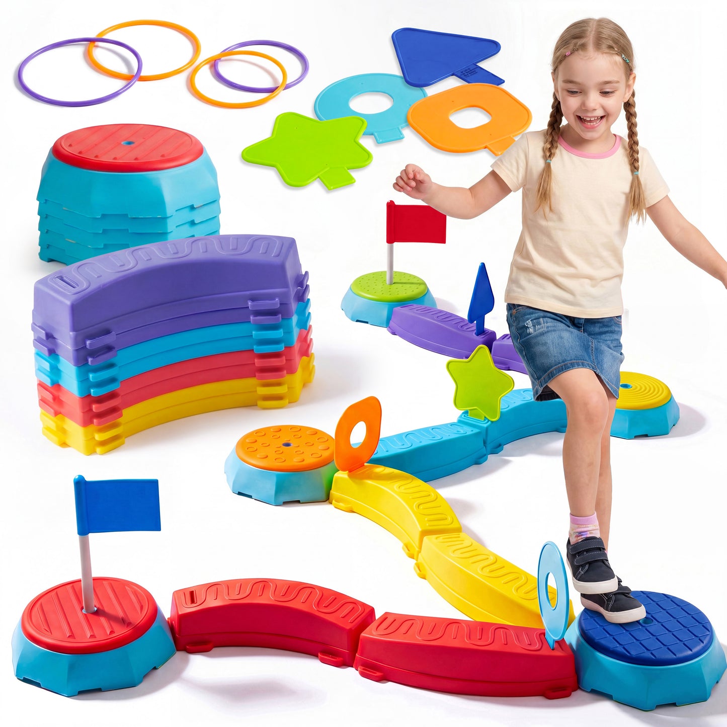 Plat-Act 4-in-1 Kids Balance Beam Stepping Stones, Non-Slip Obstacle Course Sensory Toy with Ring Toss & Flag Game, Indoor Outdoor Play for Toddler, Gifts for Birthday Christmas