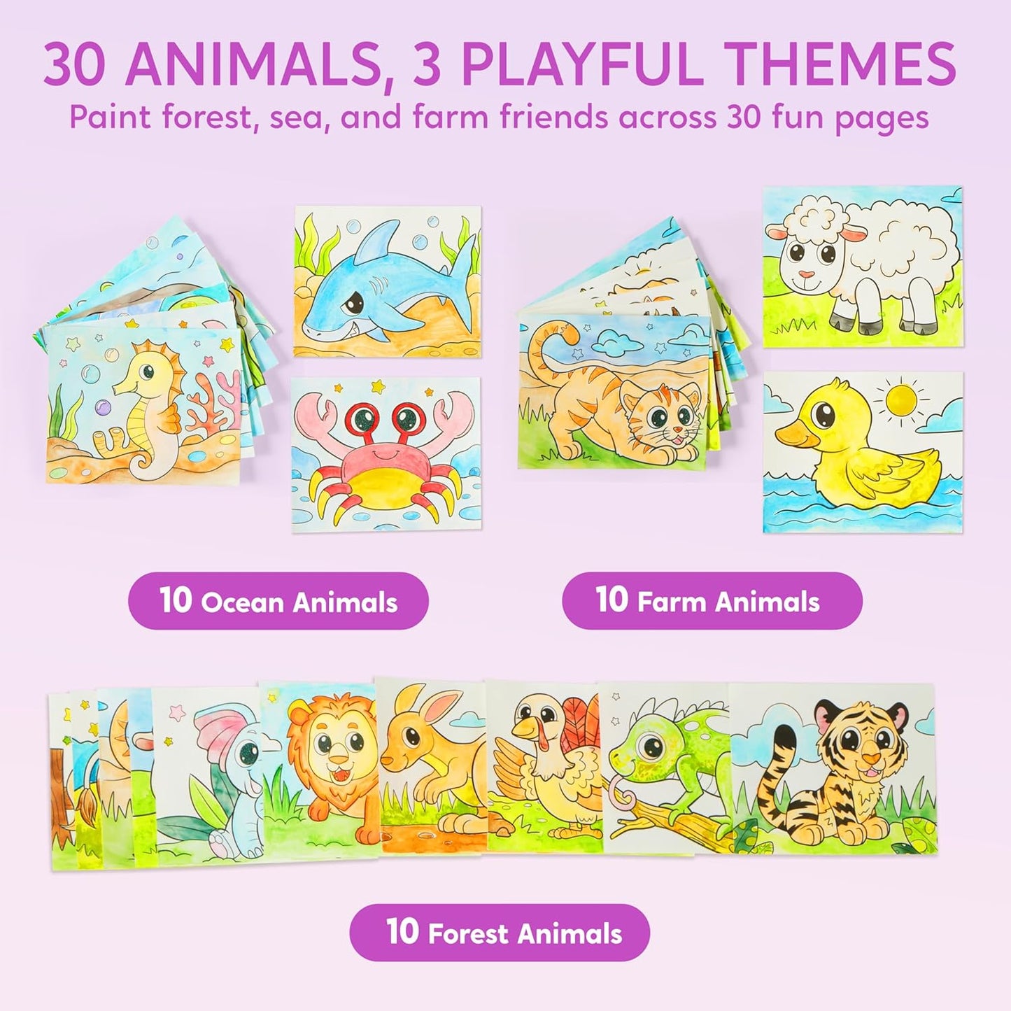 Klever Kits 35-Page Water Coloring Book Set, Mess-Free Painting with Animals, Ocean and Forest Themes, Includes Glow-in-the-Dark Designs and 3 Brushes
