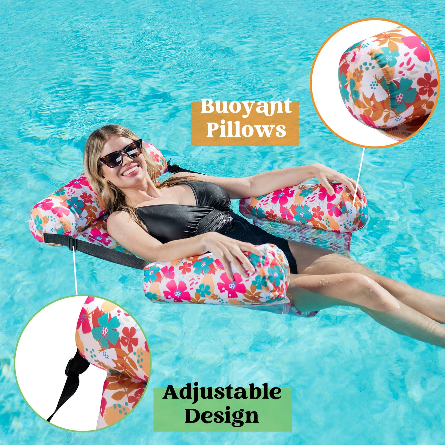 Syncfun 2 Packs Pool Float Hammock Chairs for Adults, Flower Printed Water Floating Pool Chair, Inflatable Pool Lounge Chair for Summer Outdoor Beach Party