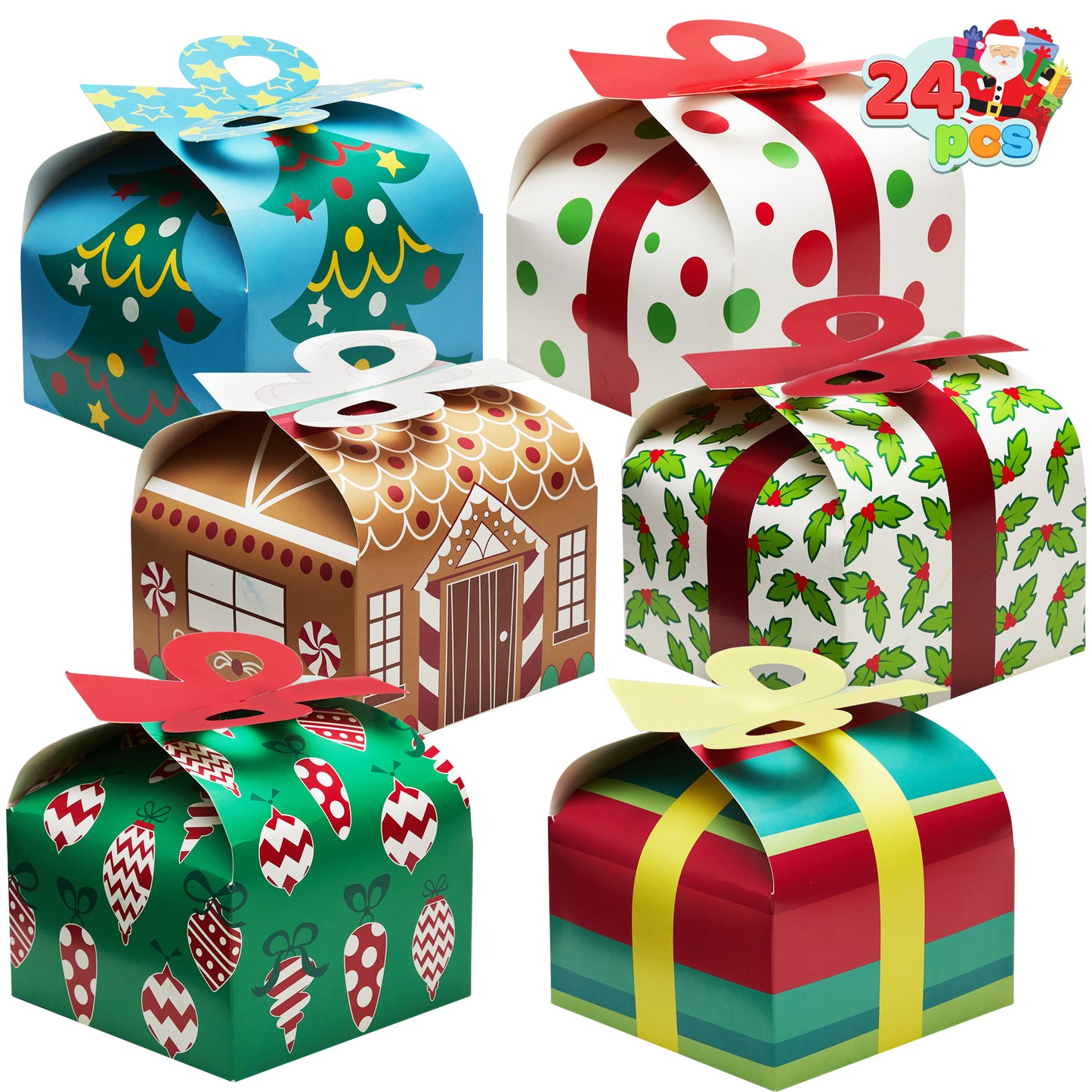 Joyfy 24 Pcs 3D Christmas Goody Gift Boxes with Bow for Holiday Xmas Goodie Paper Boxes, School Classroom Party Favor Supplies, Candy Treat Cardboard Cookie Boxes