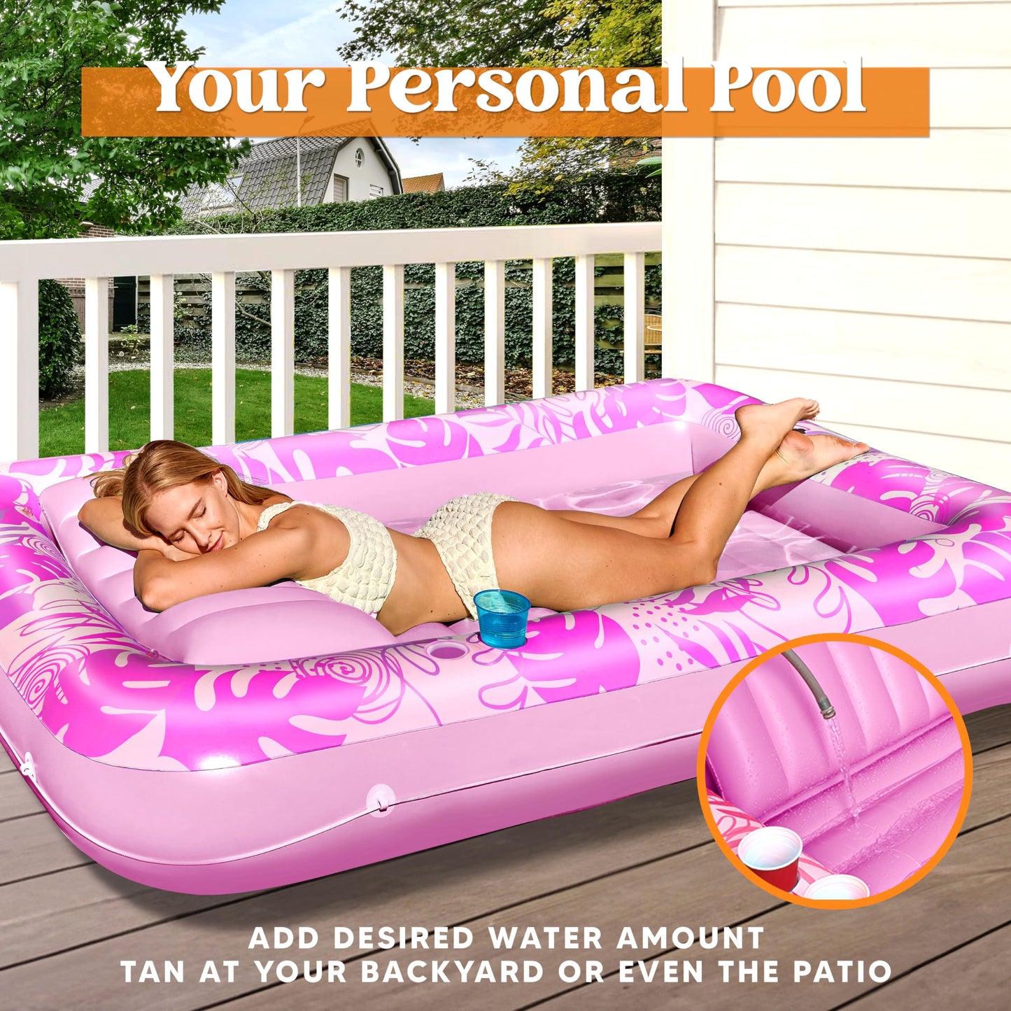 Inflatable Tanning Pool Lounger Float, 70" x 46" Large Suntan Tub with Pillow, Water Raft Float For Kids & Adults Pink