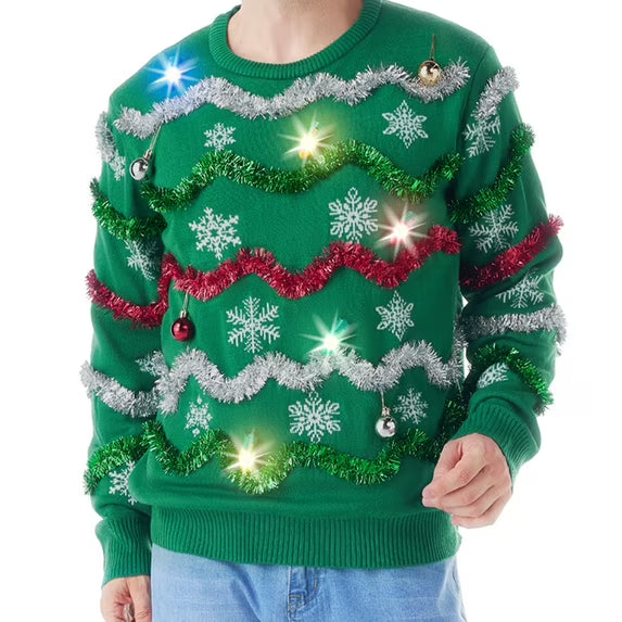 Joyfy Men's Ugly Christmas Sweater, LED Lighted Christmas Green Ugly Sweater, Men's Ugly Holiday Sweater