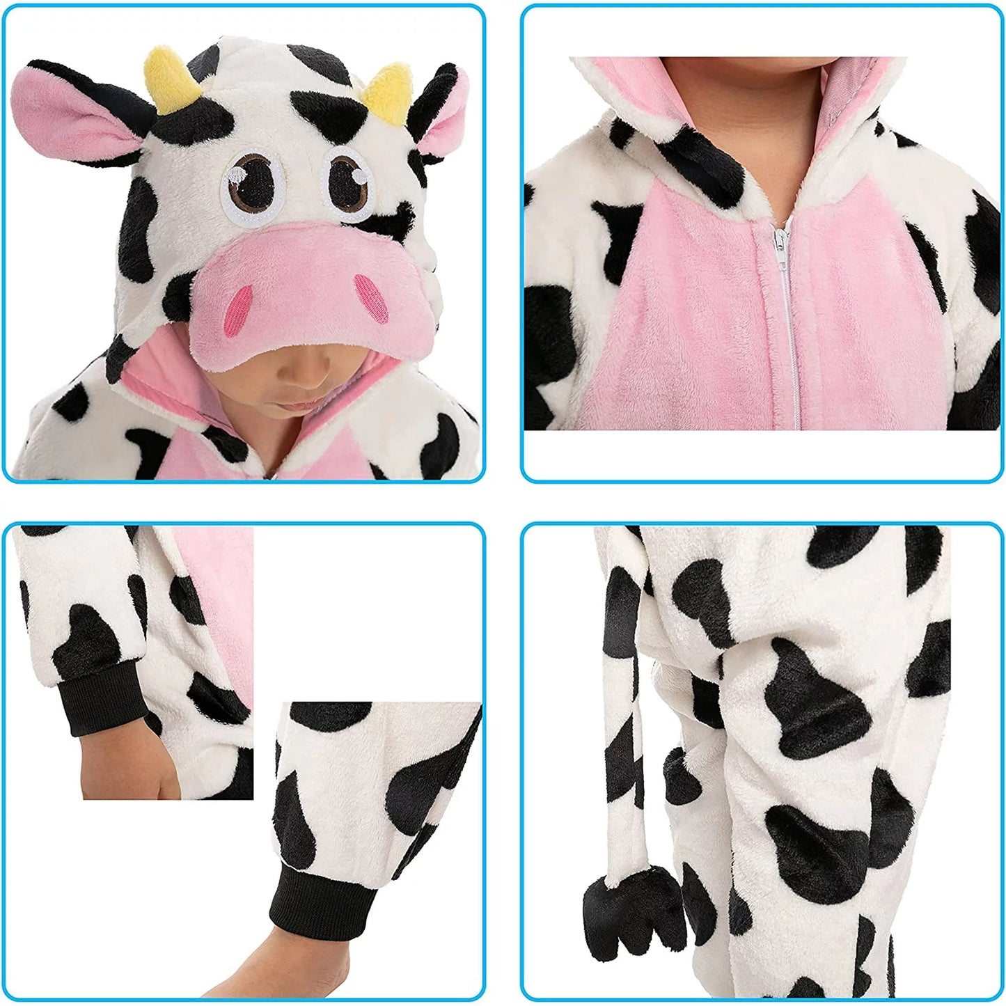 Spooktacular Creations Baby Cow Costume Pajama Hooded, Romper Plush for Toddler Cow Halloween Animal Dress Up (12-18 months)