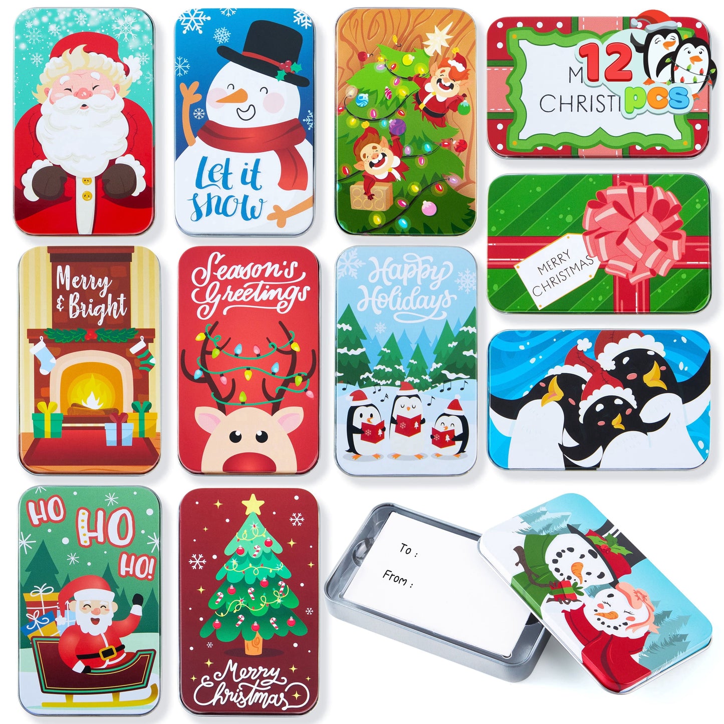 Joyfy 12 Pcs Gift Card Holder Boxes for Christmas, 12 Designs Tins Money Cash Holders for Xmas Holiday Birthday Present Decor, Party Favors Silver Coin Boxes with Lids