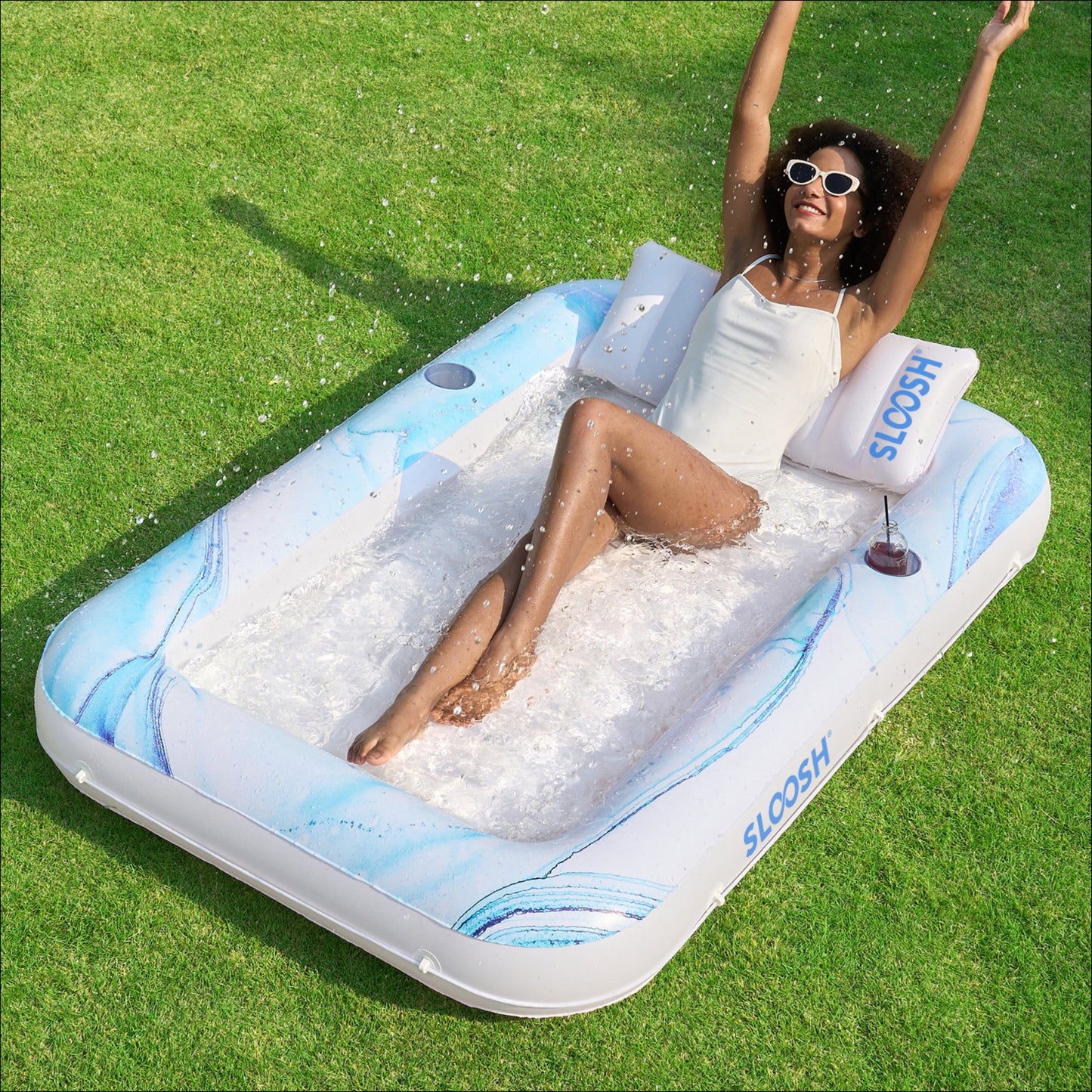 Inflatable Tanning Pool Lounger Float, 70" x 46" Large Suntan Sun Tan Tub for Adults & Kids, Tanning Chair, Bed Blow up, Raft Lounge Floatie Blue Marble