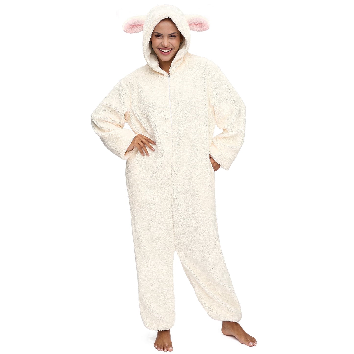 Joyfy Adult Unisex Lamb Costume Pajama, Plush Hooded Zippered Jumpsuit for Halloween Party, Cosplay, Role Play and Dress Up