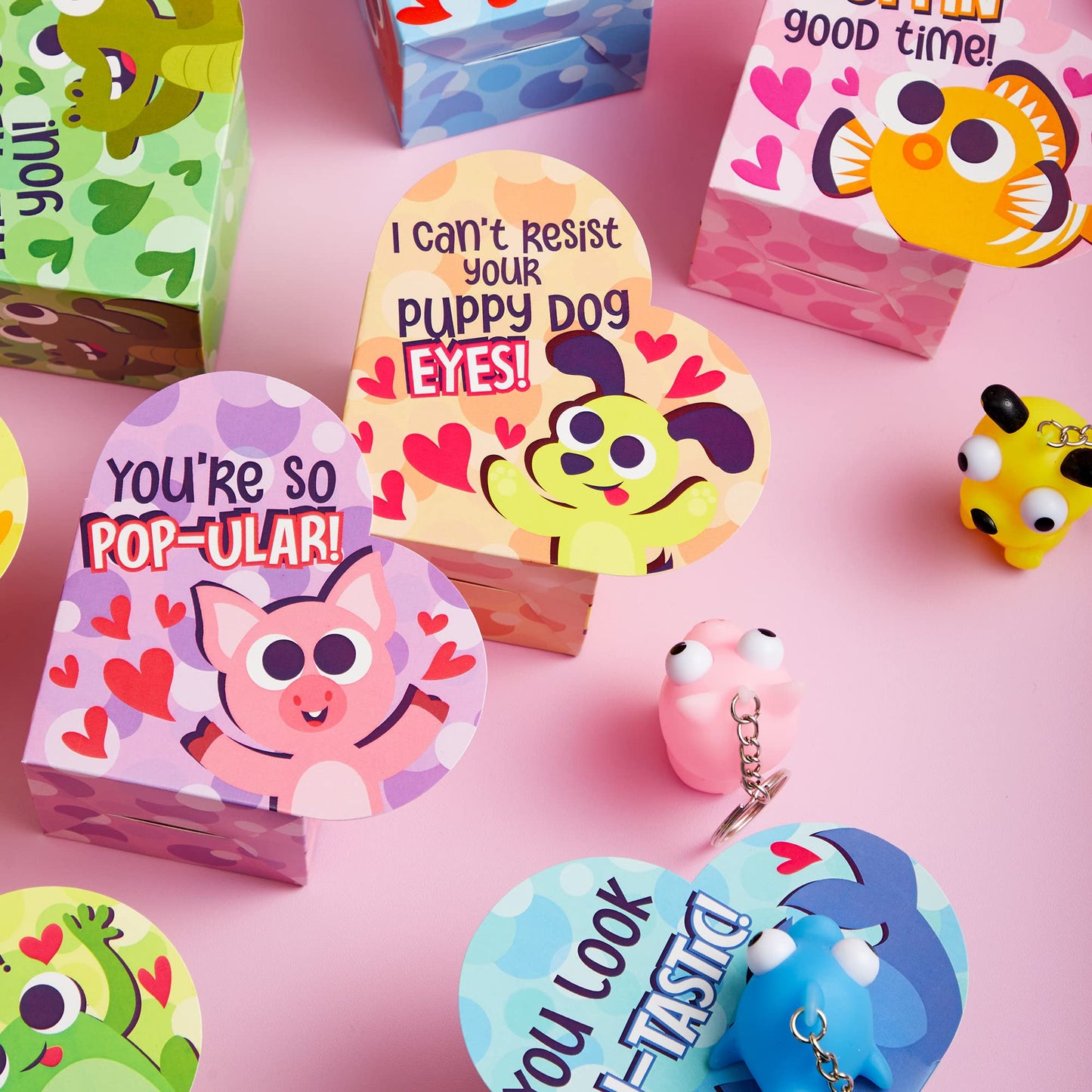 48pcs (24 Valentines Cards with 24 Pop Eye Animal Keychains) for Kids, Valentines Gifts with Heart Boxes, Fidget Valentines Toys for Kids School Class Exchange, Stress Relief Toys