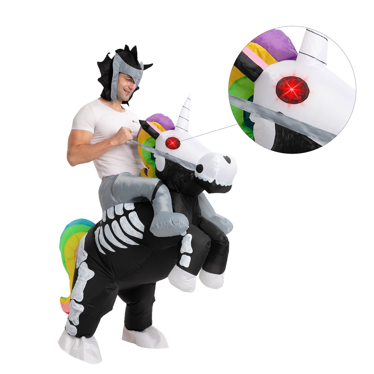 Syncfun Inflatable Halloween Costume, Ride A Skeleton Unicorn Blow Up Costume with LED Light Eyes, Ride On Inflatable Costume for Adult