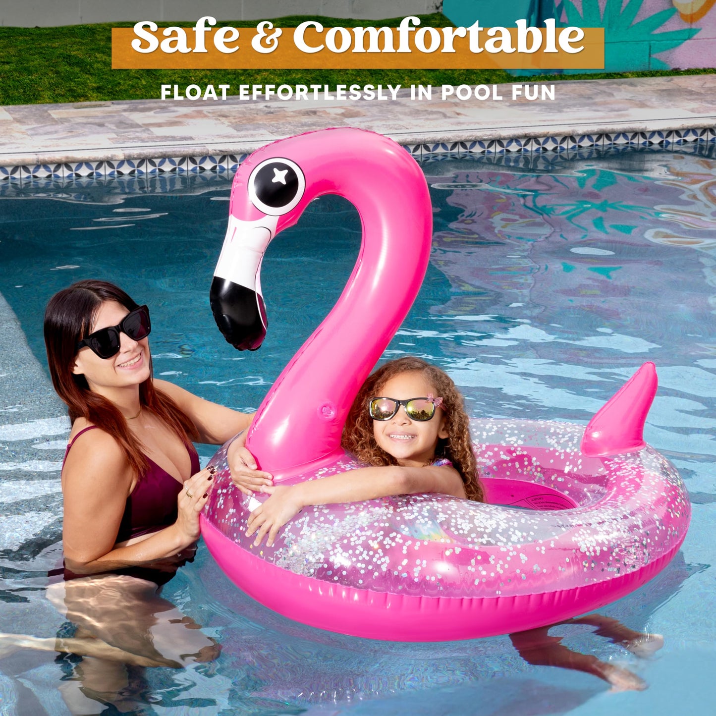 Syncfun Inflatable Flamingo Pool Floats, Pink Flamingo Pool Tube Swim Ring Floaties with Glitter for Adults Kids, Fun Beach Lake Floaty Raft, Summer Swimming Pool Toys Party Decorations