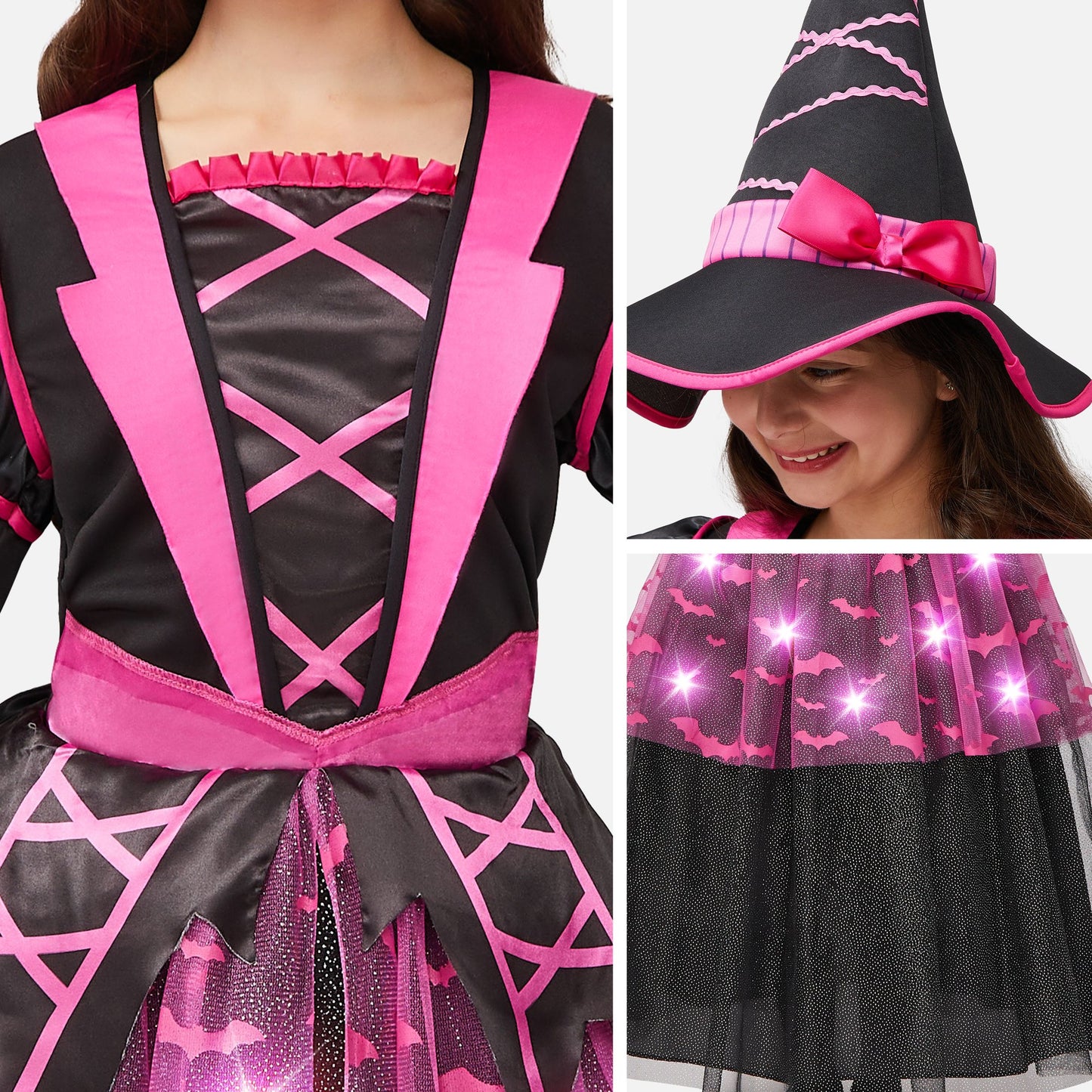 Syncfun Light Up Witch Costume Set for Girls, Starry Witch Dress with Broom Hat for Kids and Toddlers, Perfect for Halloween Party Dress-Up Cosplay Age up to 3