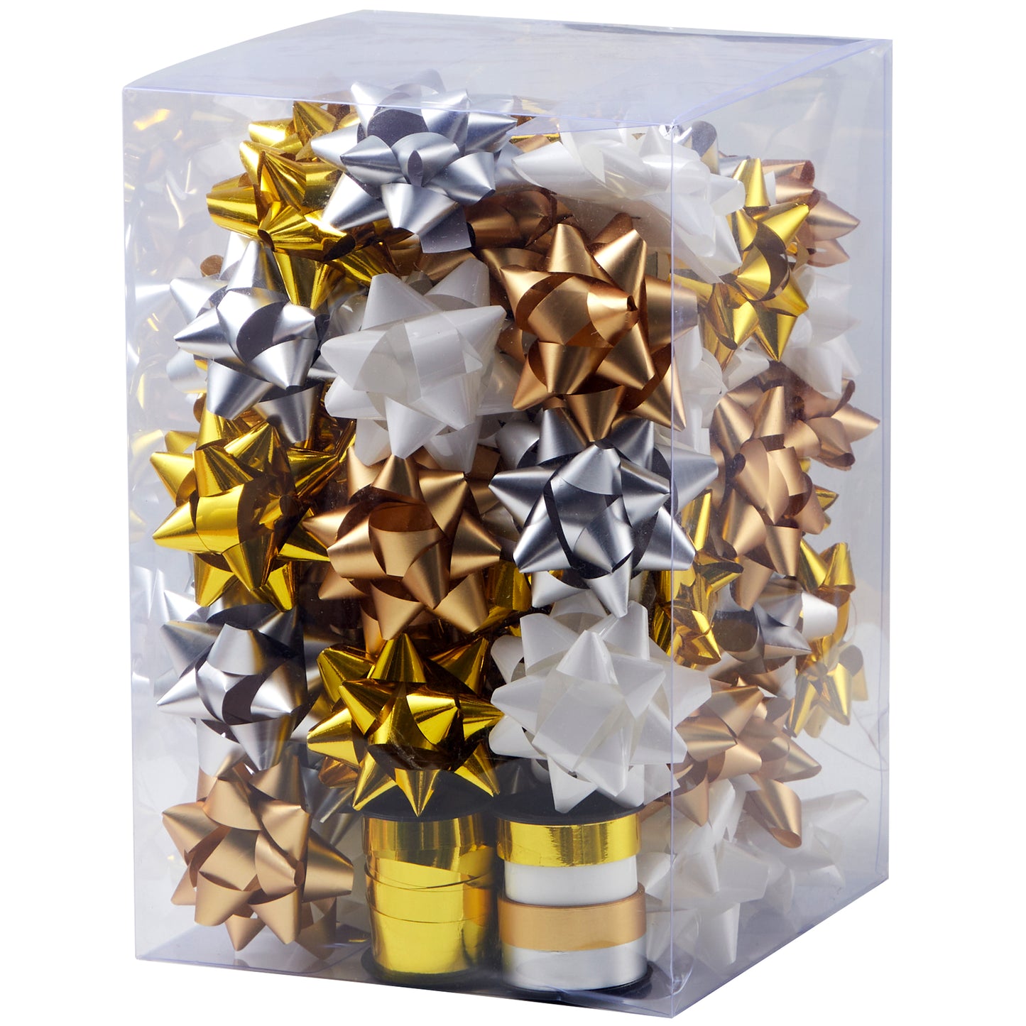 SYNCFUN 83 Pcs Christmas Gift Bows & Gift Ribbons, 75pcs 3" Christmas Self Adhesive Gift Bows (Gold, Silver, White) and 8 Rolls of Christmas Curling Ribbons for Baskets, Wine Bottles, Gift Wrapping