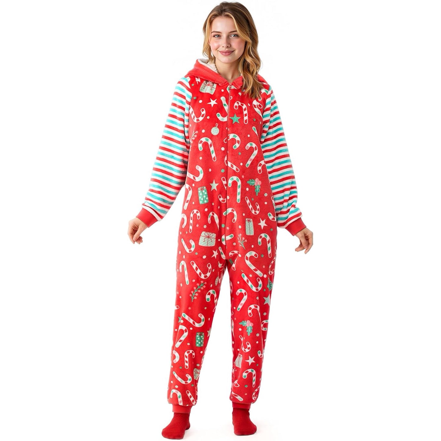 Joyfy Adult Women Christmas Pajamas, Women Sherpajamas, Santa Print Hooded Holiday Onesie