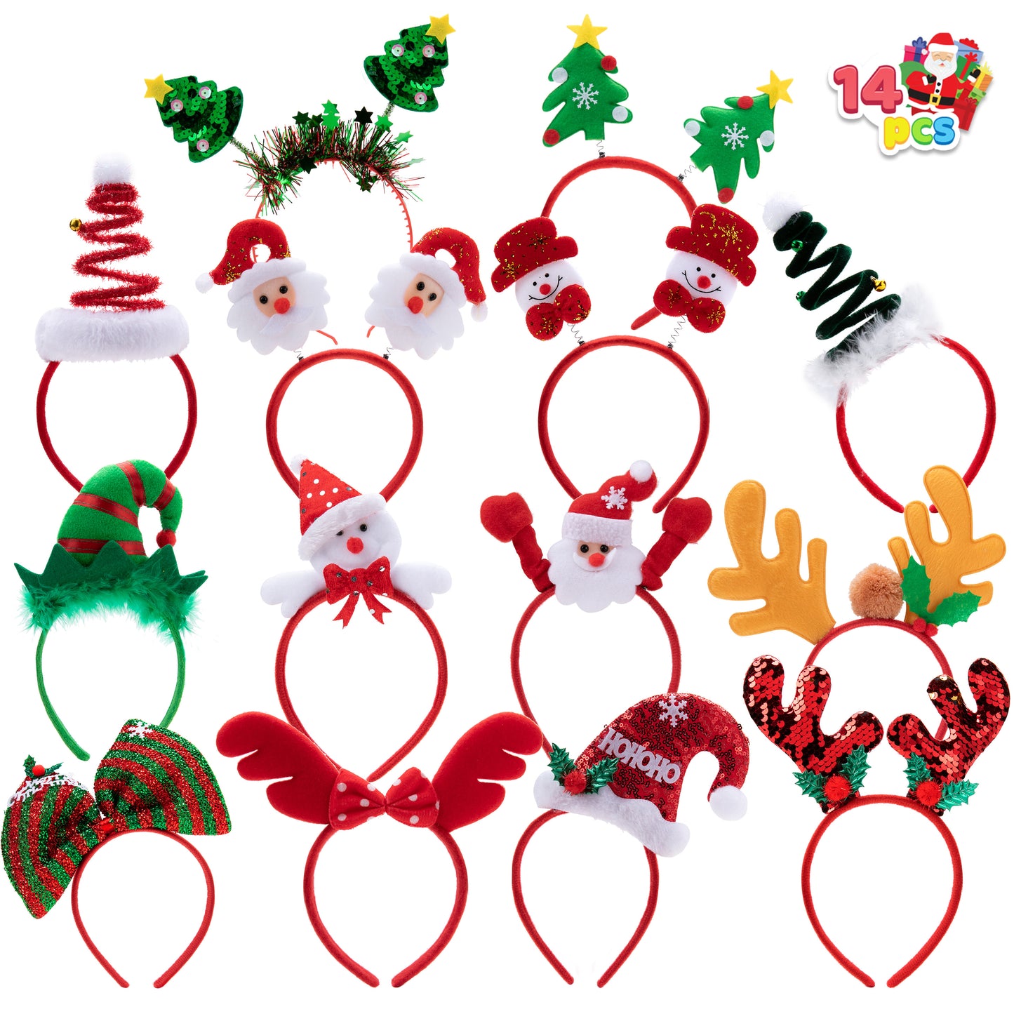 SYNCFUN 14 Pcs Christmas Headbands with Different Designs Santa Holiday Headbands for Kids Women Adult Xmas Party Favors (ONE Size FIT ALL)