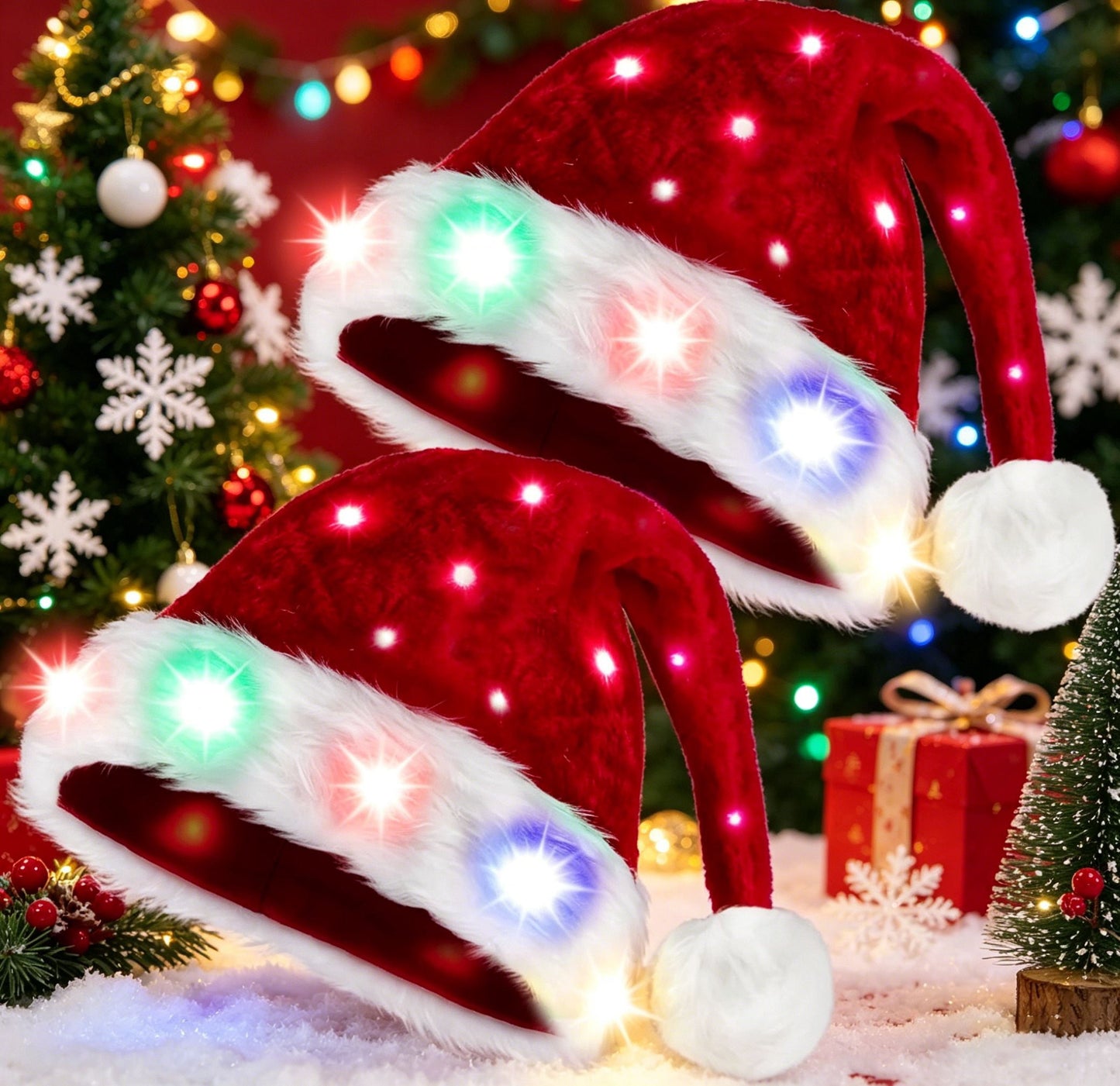 Joyfy 2 PCS Light Up Santa Hats Adult Christmas Hat Elf Xmas Party Hat Red Plush Hat for Adult Women Men