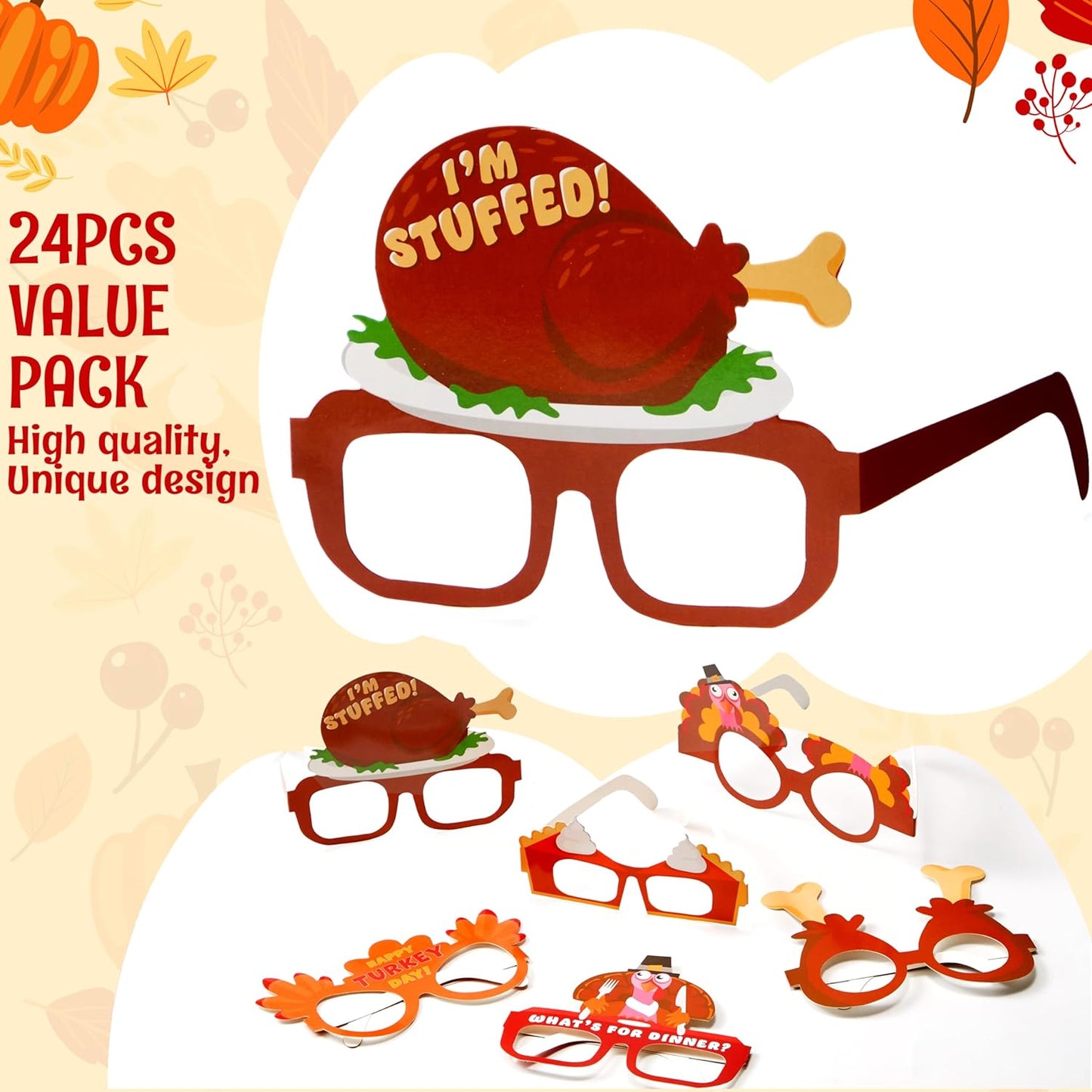 JOYIN 24 Pcs Thanksgiving Turkey Eyeglasses, Turkey Eyewear Frame Pumpkin Maple Leaves Photo Props for Kids Thanksgiving Harvest Party Decoration and Thanksgiving Day Accessories (One Size Fits All)