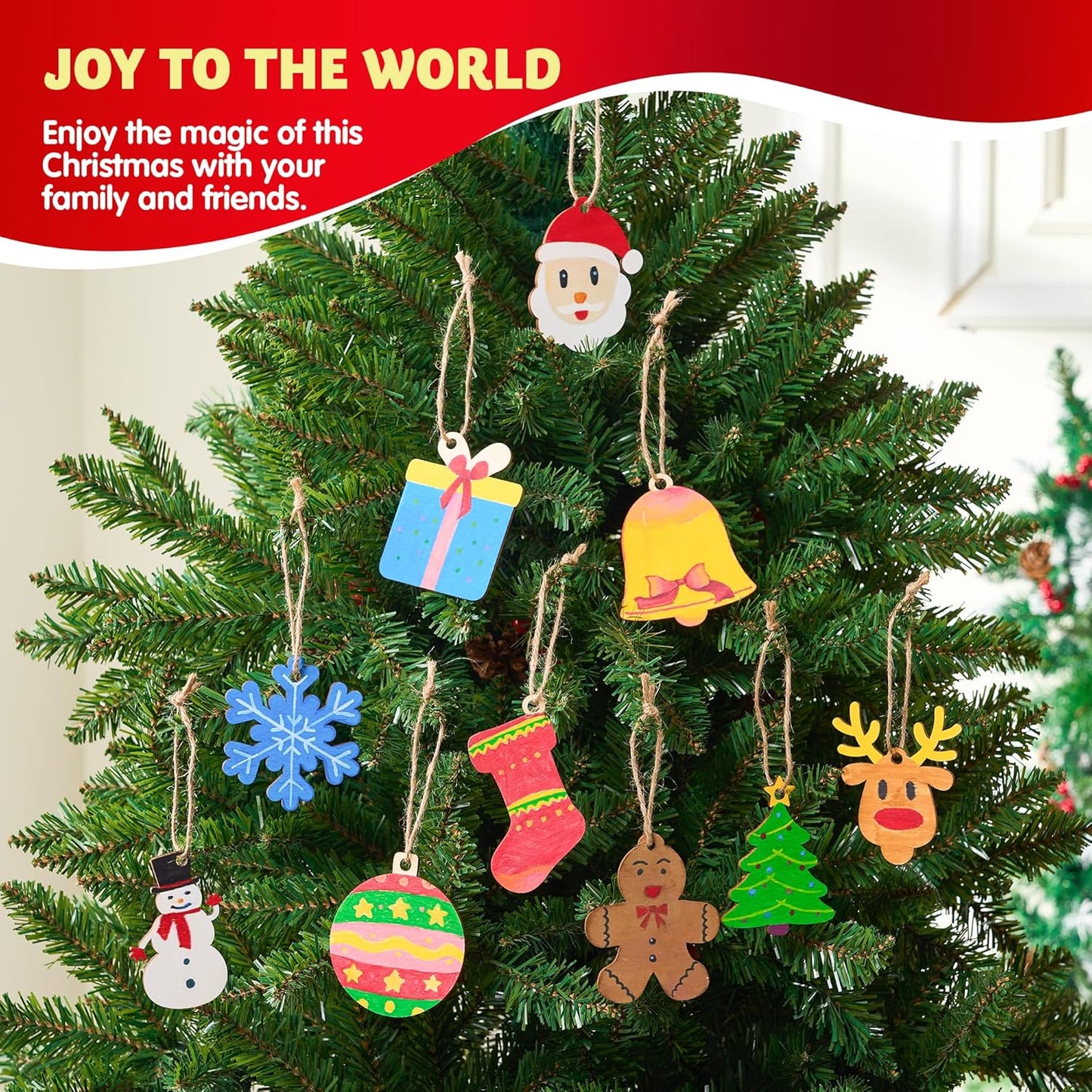 SYNCFUN 100 Pcs Christmas Wooden Hanging Ornaments with 8 Colored Pens, Unfinished Wood Ornaments Bulk for Kids Make Your Own Craft, DIY Coloring Ornament Gifts for Xmas Tree Decor Party Supplies
