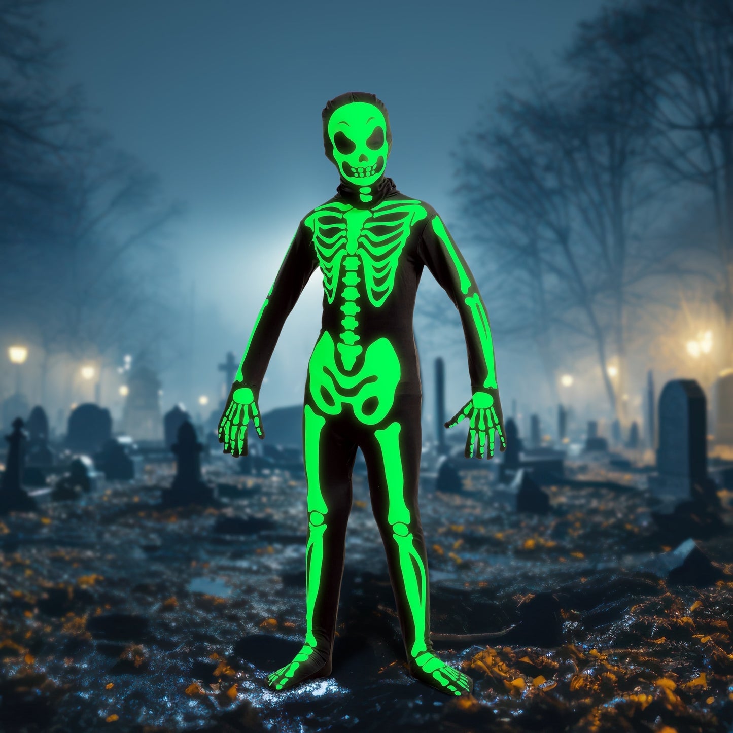 Joyfy Glow in the Dark Skeleton Costume for Kids, Skelebones Costume, Bone Jumpsuit, Kids Halloween Dress up 3-10 Years