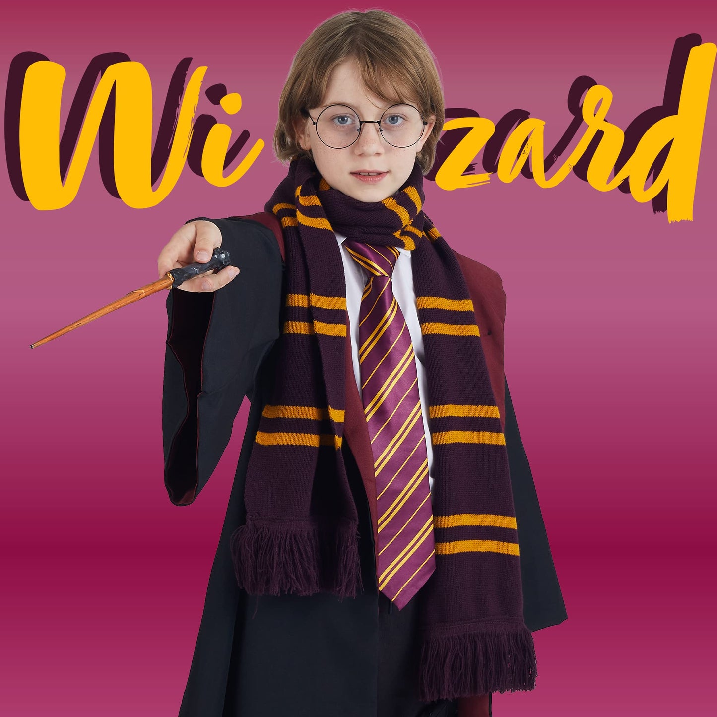 SYNCFUN 4 Pcs Halloween Wizard Costume Accessories Set with Glasses Tie Wand and Scarf,Cosplay Accessories for Kids and Adults Dress Up