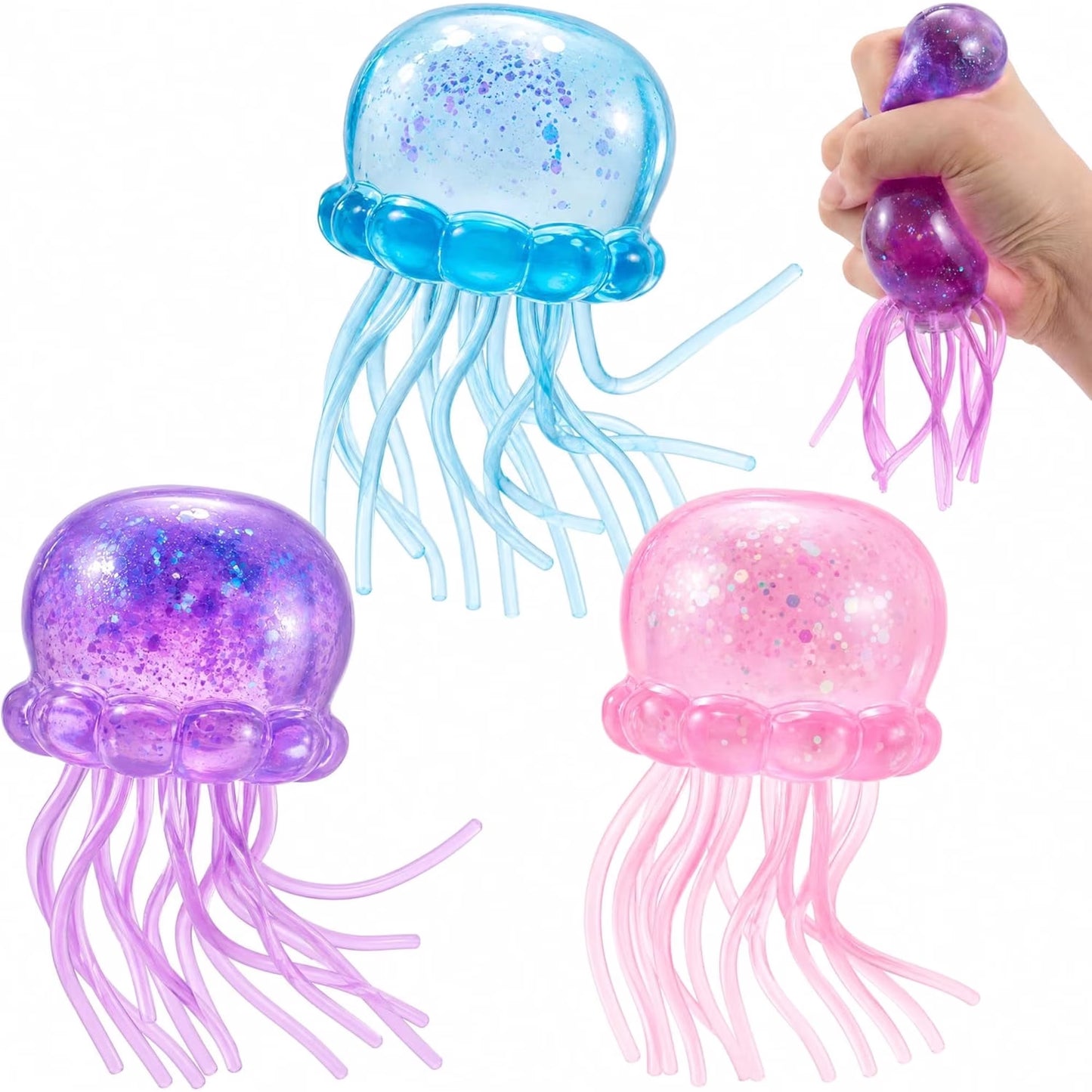 Joyfy 3PCS Jellyfish Stress Relief Squeeze Toys, Glitter Slow Rising Squishy Fidget Sensory Toys for Kids & Adults, Classroom Prizes, Party Favors, Office Desk Decor