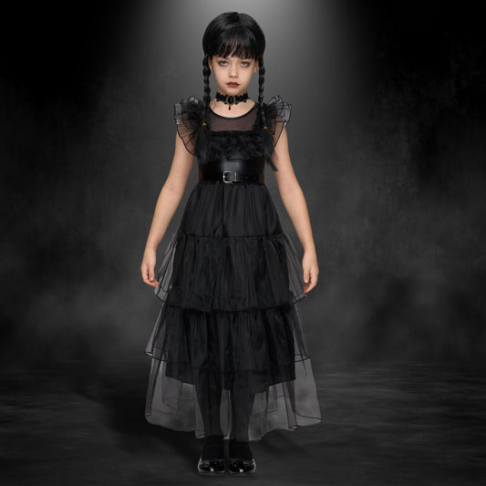 YNCFUN Halloween Costume Set for Girls, Dark Vintage Prom Dress for Kids, Black Gothic Dress Costume for Halloween Cosplay Parties 5-12 Years