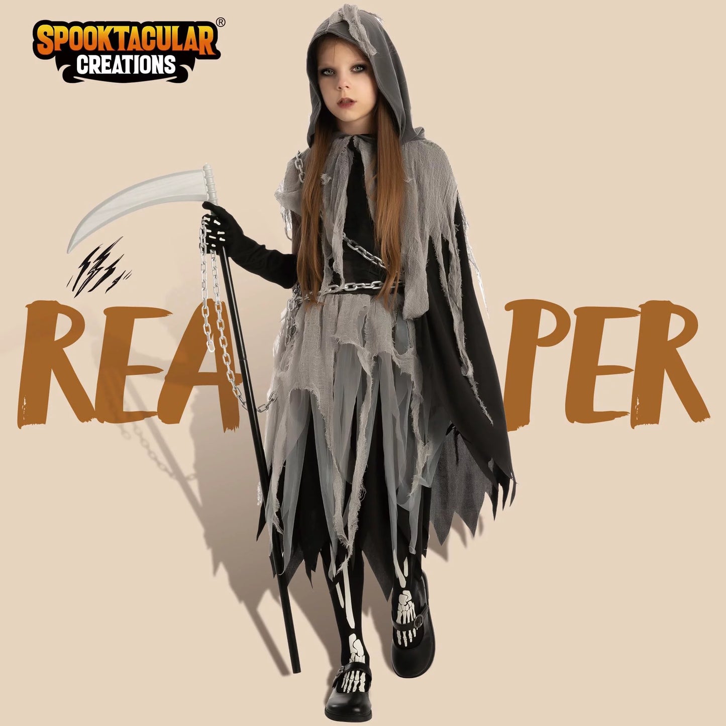 Spooktacular Creations Grim Reaper Girl Costume Glow in the dark for Halloween Role Play for 12-14 Years