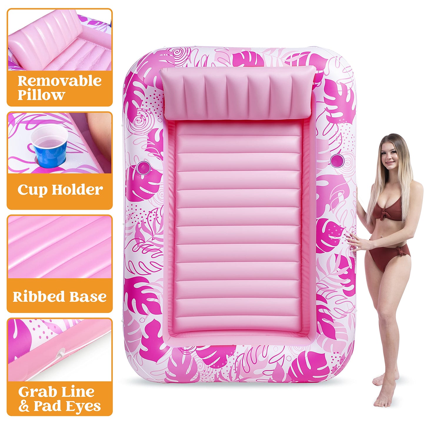 Sloosh Inflatable Tanning Pool Lounger Float, 85" x 57" Extra Large Suntan Sun Tan tub for Adults & Kids, Tanning chair, Bed Blow up, Raft Lounge Floatie,XL-Pink