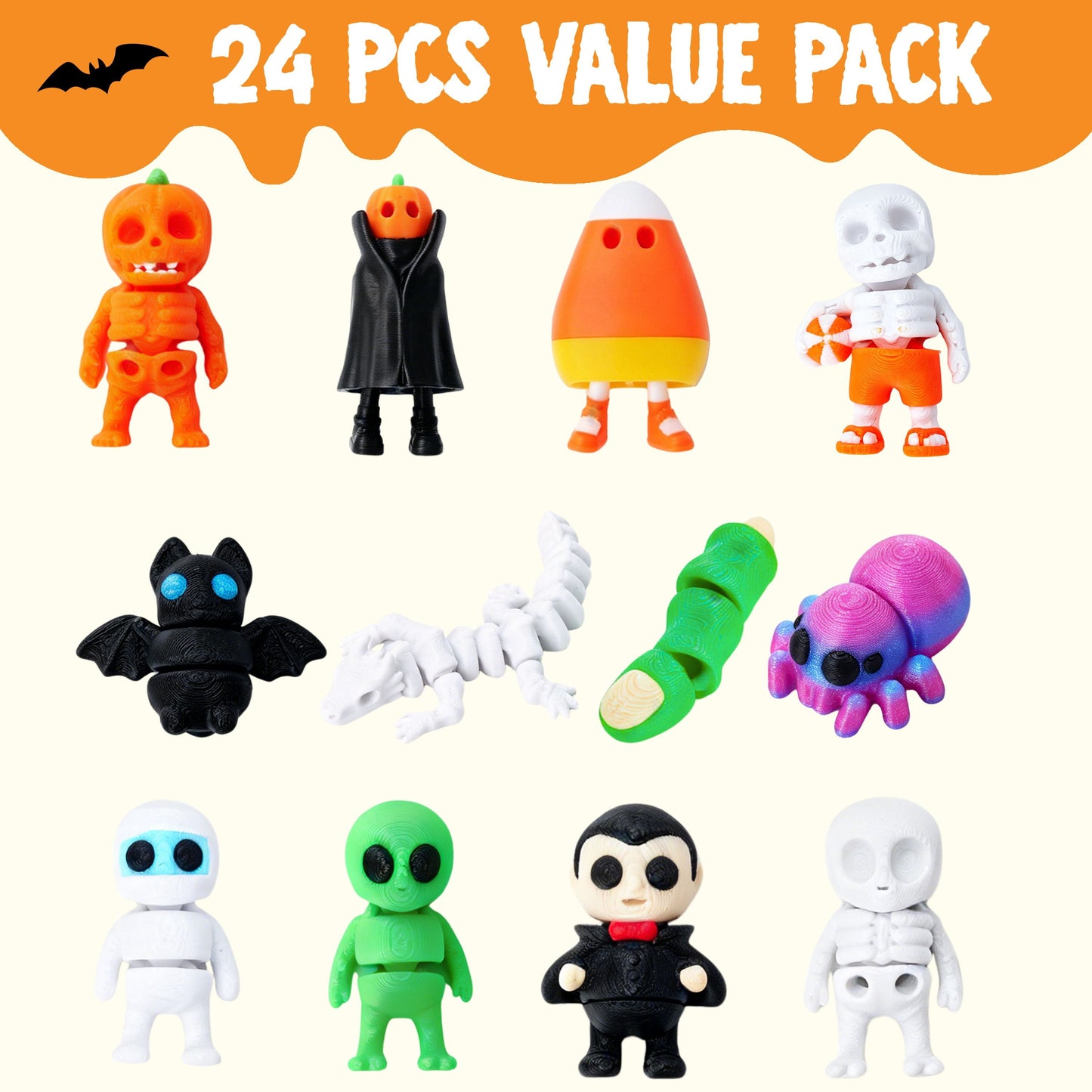 Joyfy Halloween 3D printed mini animals, 24 pieces per pack