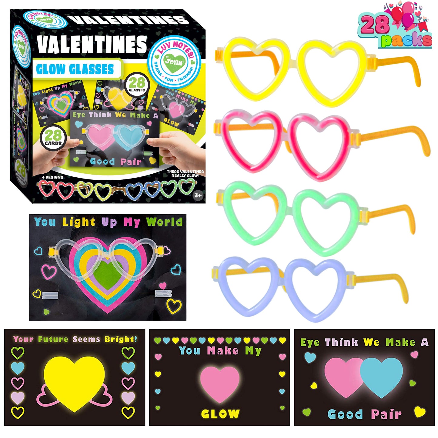 28 Packs Valentines Day Gifts Cards, Valentine's Greeting Cards with Heart Shaped Glasses and Light-up Glow Sticks for Kids Valentine's Day Party Favor Classroom Exchange Prize Supplies