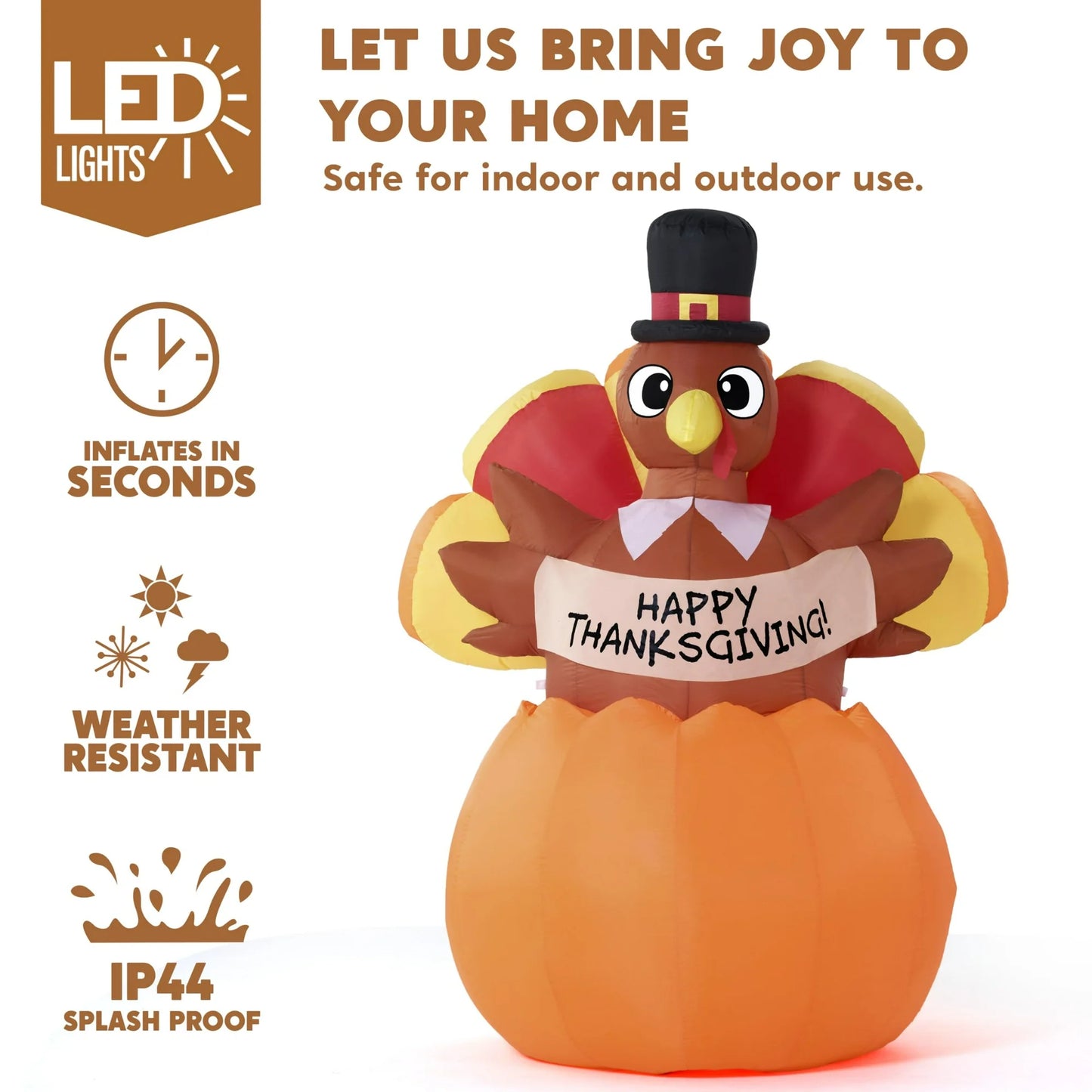 Joyfy 6FT Thanksgiving Inflatable Turkey on Pumpkin Outdoor Decorations,with Pilgrim Hat and LED, for Thanksgiving Yard Inflatable Decorations