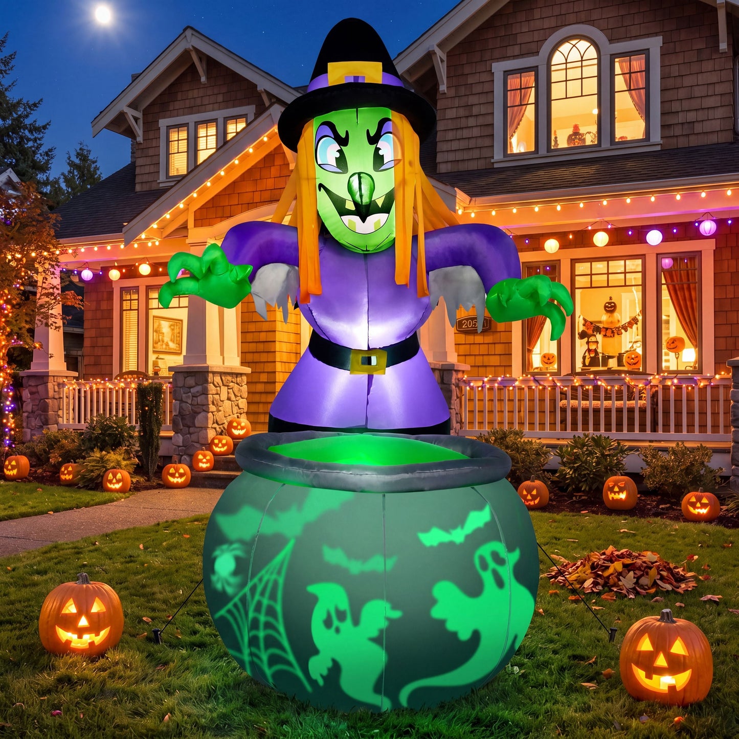 Joyfy 6 ft Halloween Inflatable Witch & Cauldron,Blow Up Decor with Rotating Green Ghost Projection Built in LEDs,Outdoor Decoration for Party,Yard,Garden