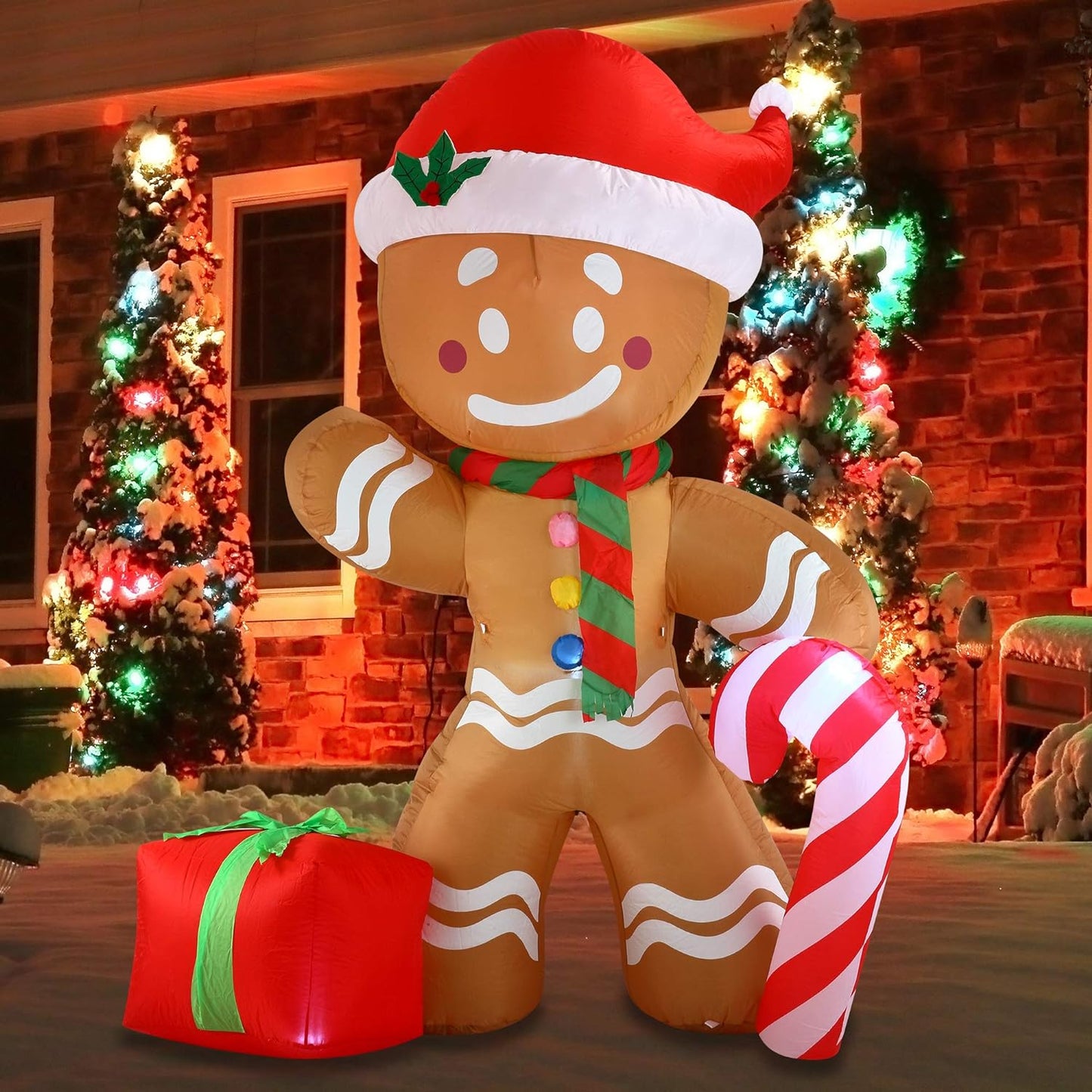 Joyfy 8 FT Christmas Inflatables Gingerbread Man Outdoor Decorations,Gingerbread Man with Candy Cane Blow Ups Yard with Built-in LEDs for Holiday Party Garden Lawn Decor