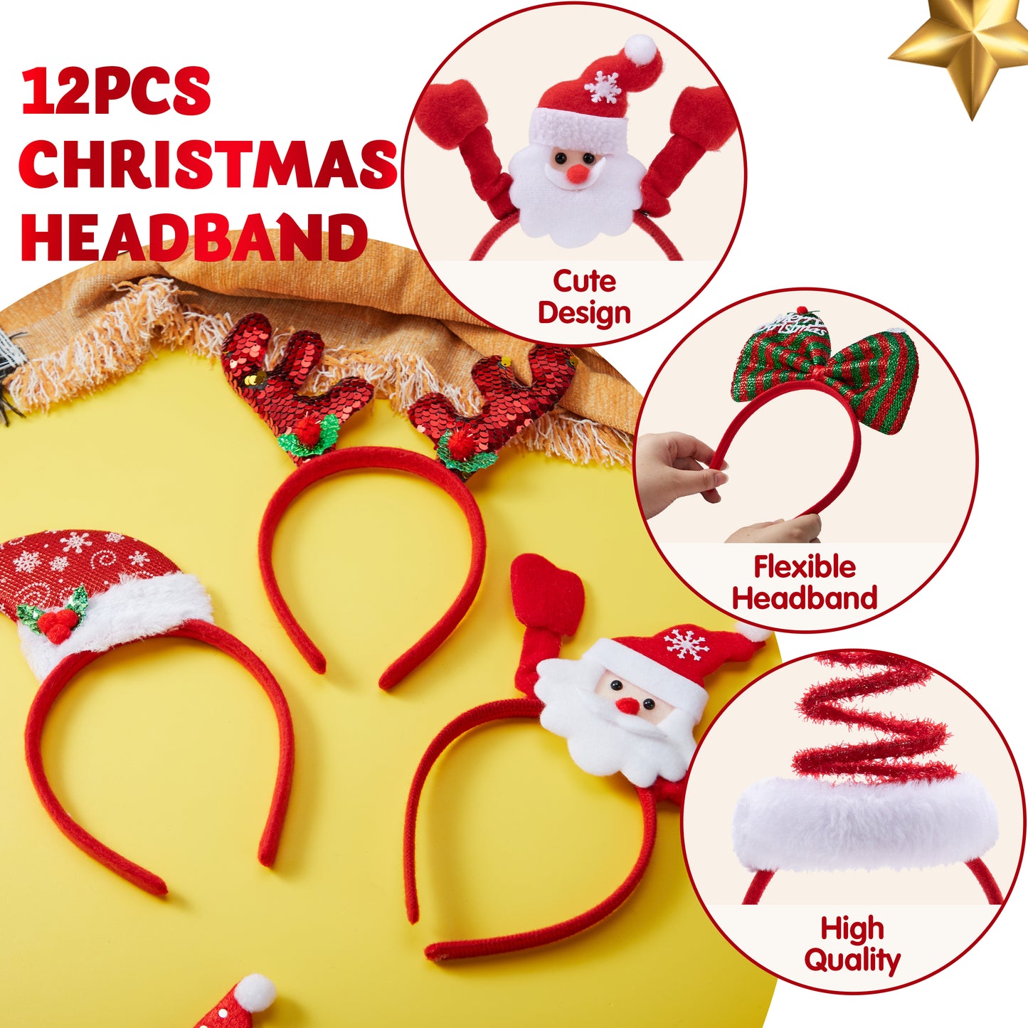 SYNCFUN 12 Pcs Christmas Headbands Assorted Design for Xmas Party Supplies Party Favors (One Size Fits All)