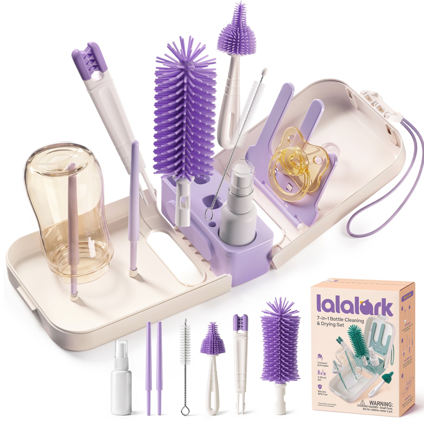 lalalark 7-in-1 Foldable Baby Bottle Brush Set – BPA Free Silicone Travel Cleaning Kit with Storage Case, Compact for Home & Portable Use, Green