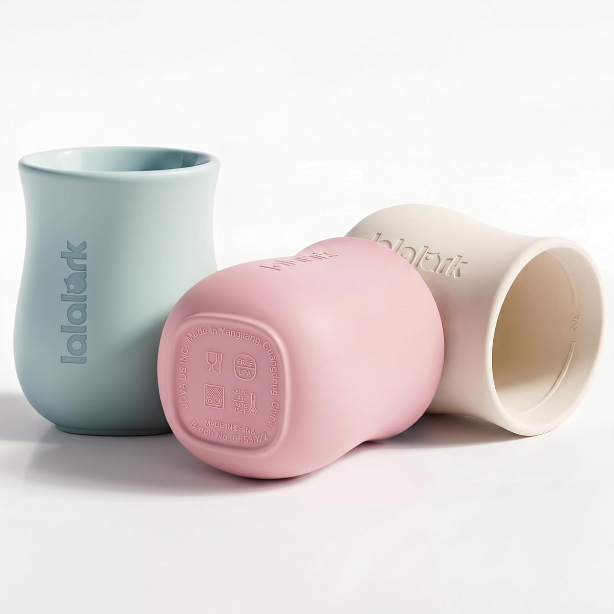 Lalalark Baby-Led Weaning Tiny Open Cups, Silicone 3-Pack, Green/Pink/Beige