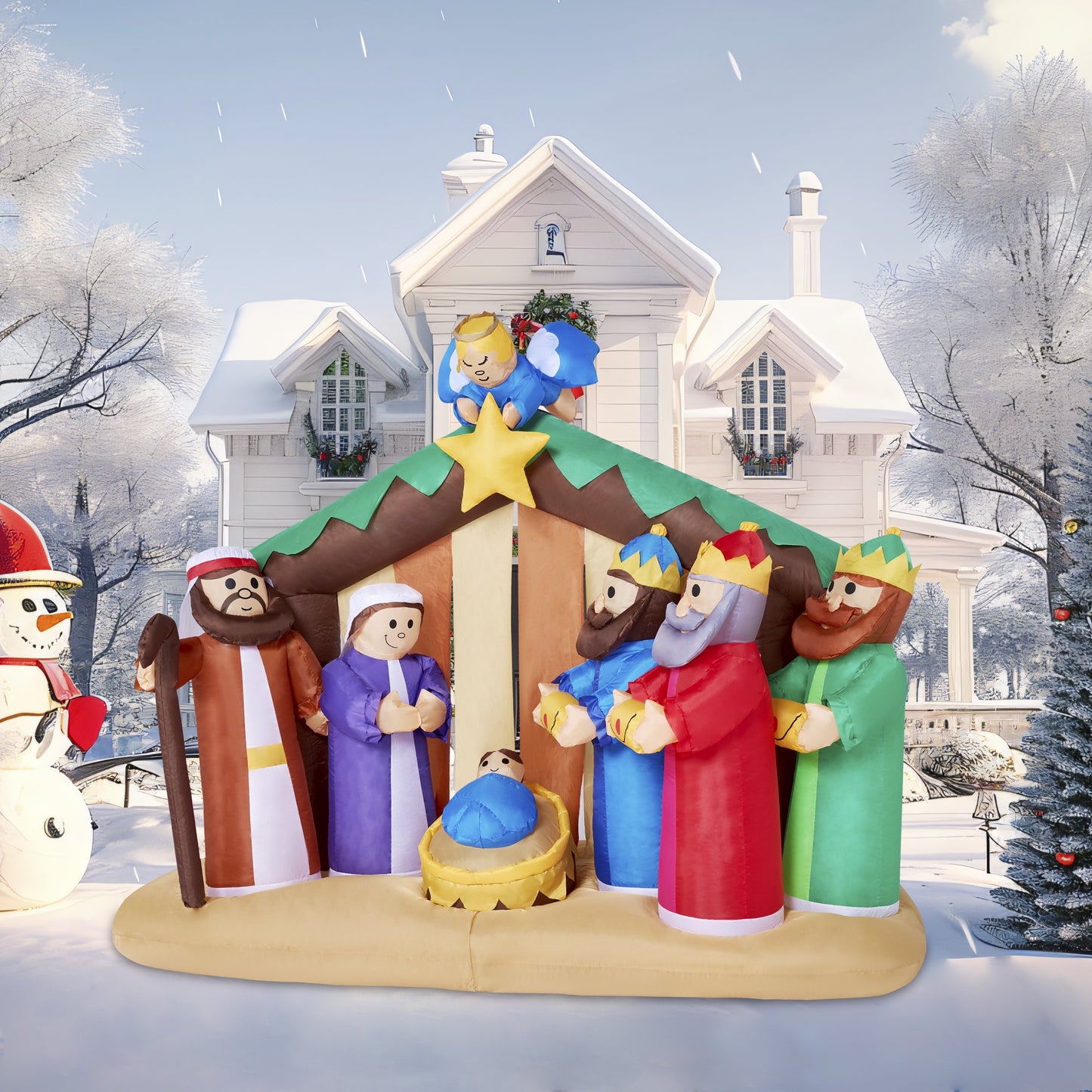 Joyfy 6.5 ft Christmas Inflatables Nativity Scene with Angels Outdoor Decorations,Christmas Nativity Scene Blow Ups Yard with Built-in LEDs for Holiday Party Garden Lawn Decor