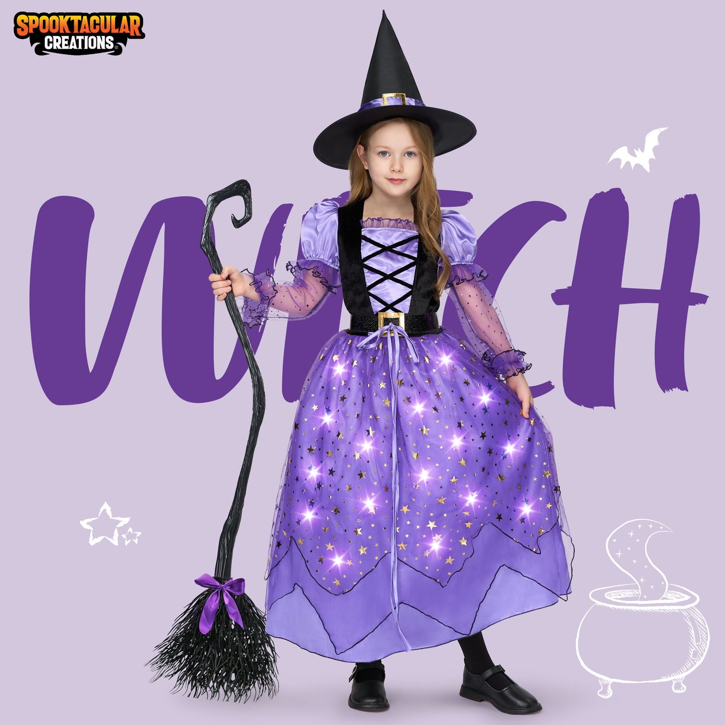 Syncfun Light Up Witch Costume Set for Girls, Starry Witch Dress with Broom Belt Hat for Kids and Toddlers, Perfect for Halloween Party Dress-Up Cosplay (5-12 Years)