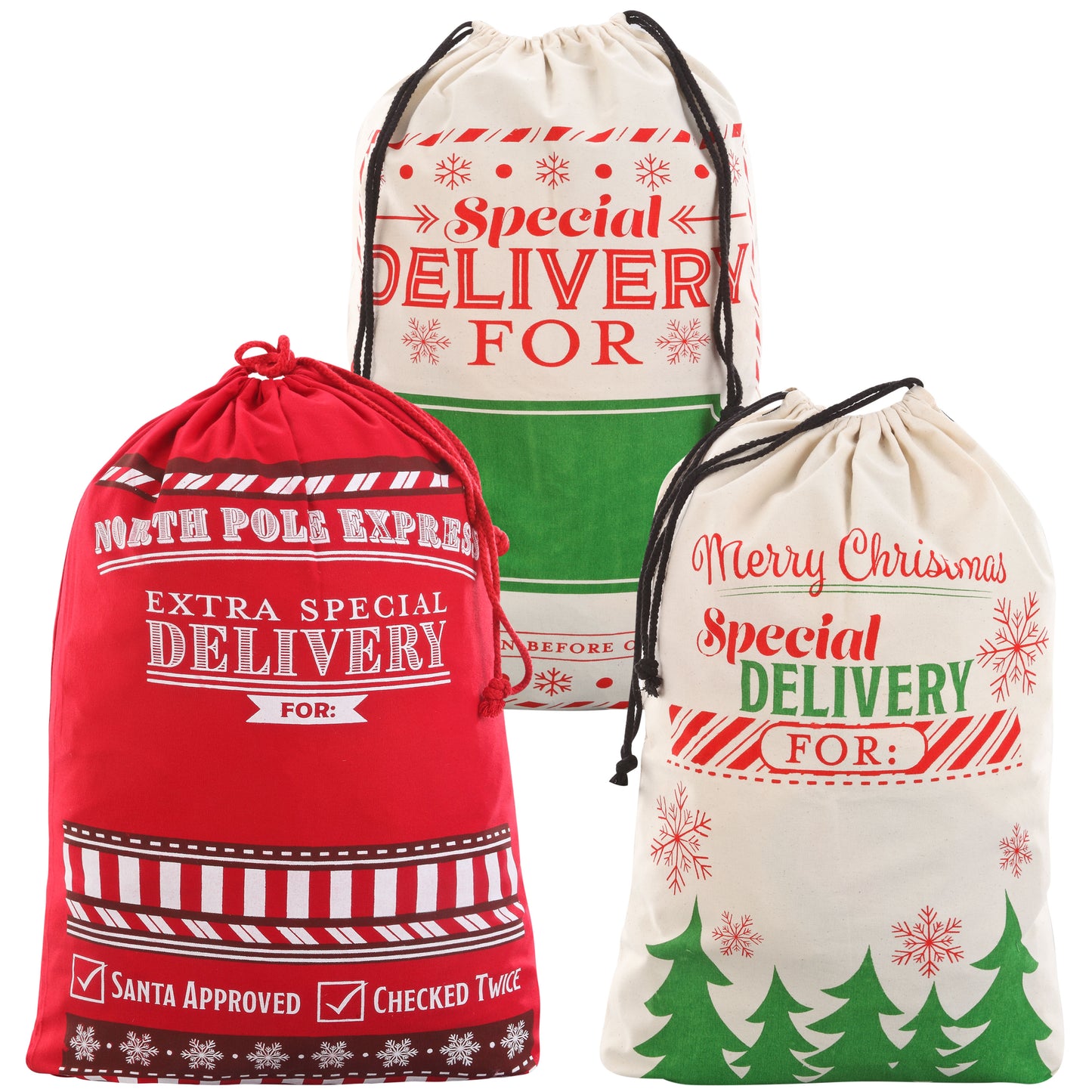 Joyfy 3 Pcs Present Bags, Santa Burlap Sack with Drawstring 26" x 19" for Large Xmas Package Storage,Christmas Large Gift Bags