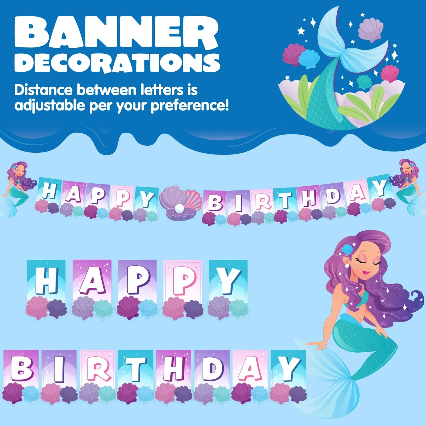 Syncfun 145 Pcs Mermaid Party Supplies for Kids Birthday with Banner 24 Serves Disposable Tableware Set with Plates, Cups, Napkins & Cutlery, Mermaid Birthday Party Decoration for Girls