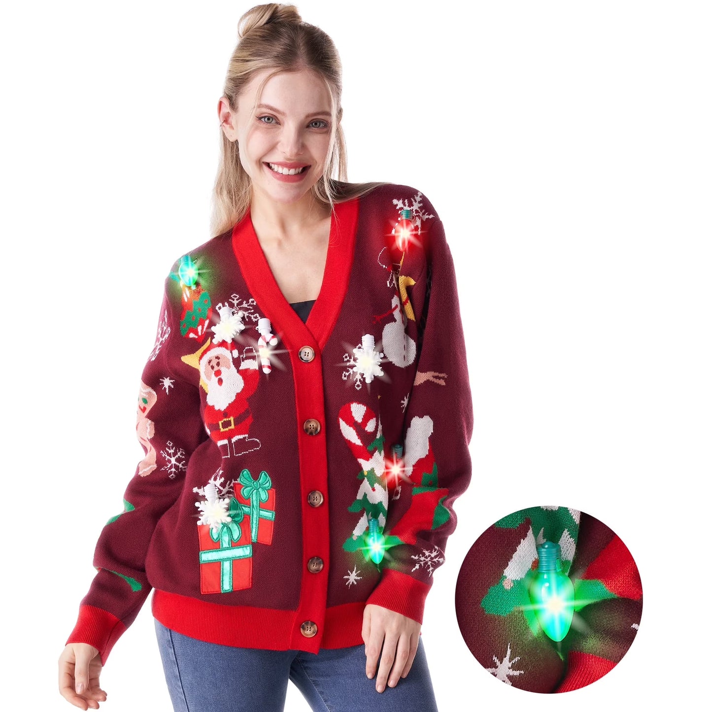 Joyfy Light up Christmas Sweater Cardigan,Ugly Christmas Sweaters for Women,Funny Rudolph Reindeer Jumper Xmas Sweater for Women