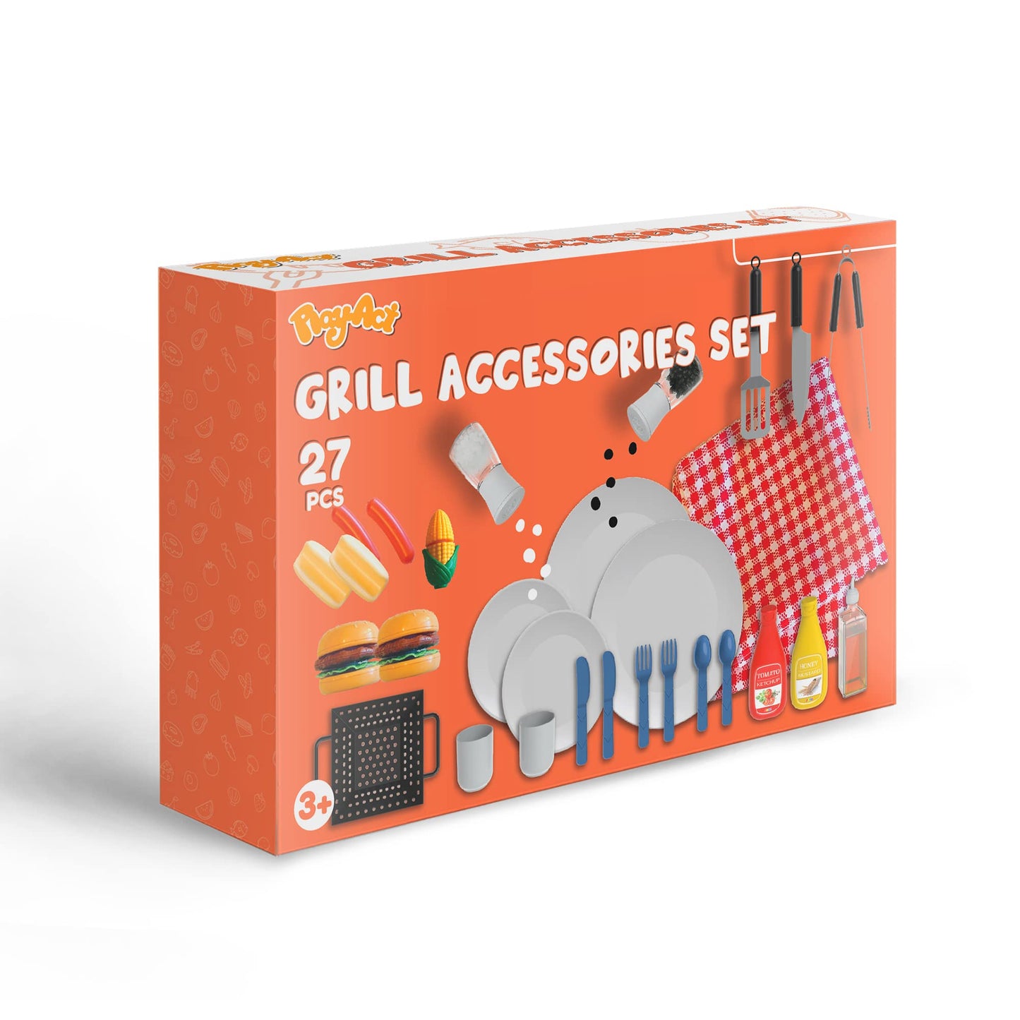 Joyfy 27 Pcs Kids Kitchen Toy Playset, BBQ Grill Pretend Play Food Sets, Gift for Toddlers 2 3 4 Years Old Girls Boys