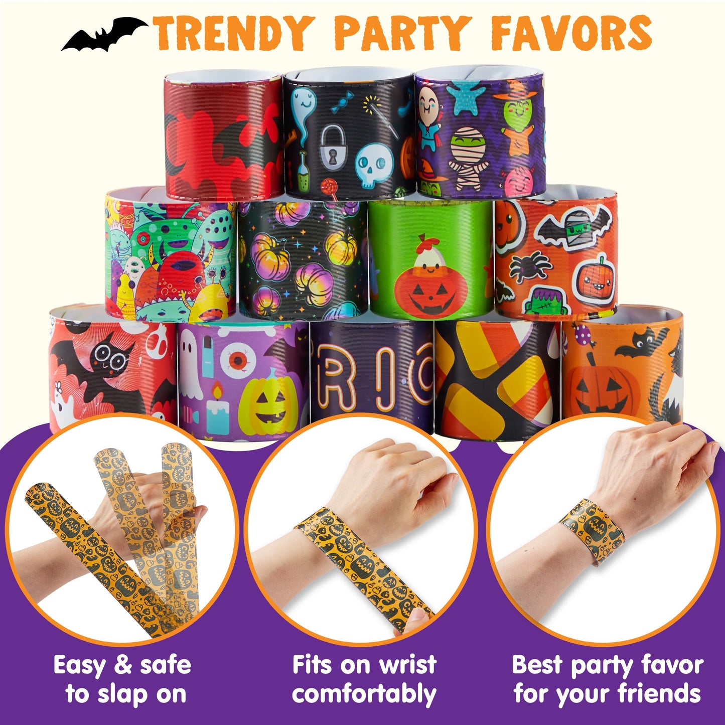 SYNCFUN 72 Pcs Halloween Slap Bracelets for Kids,Halloween Toys Bulk with Spider,Pumpkins,Animal Print for Prizes Gift Trick or Treat Party Favors,Halloween Crafts for Kids,Classroom Favors