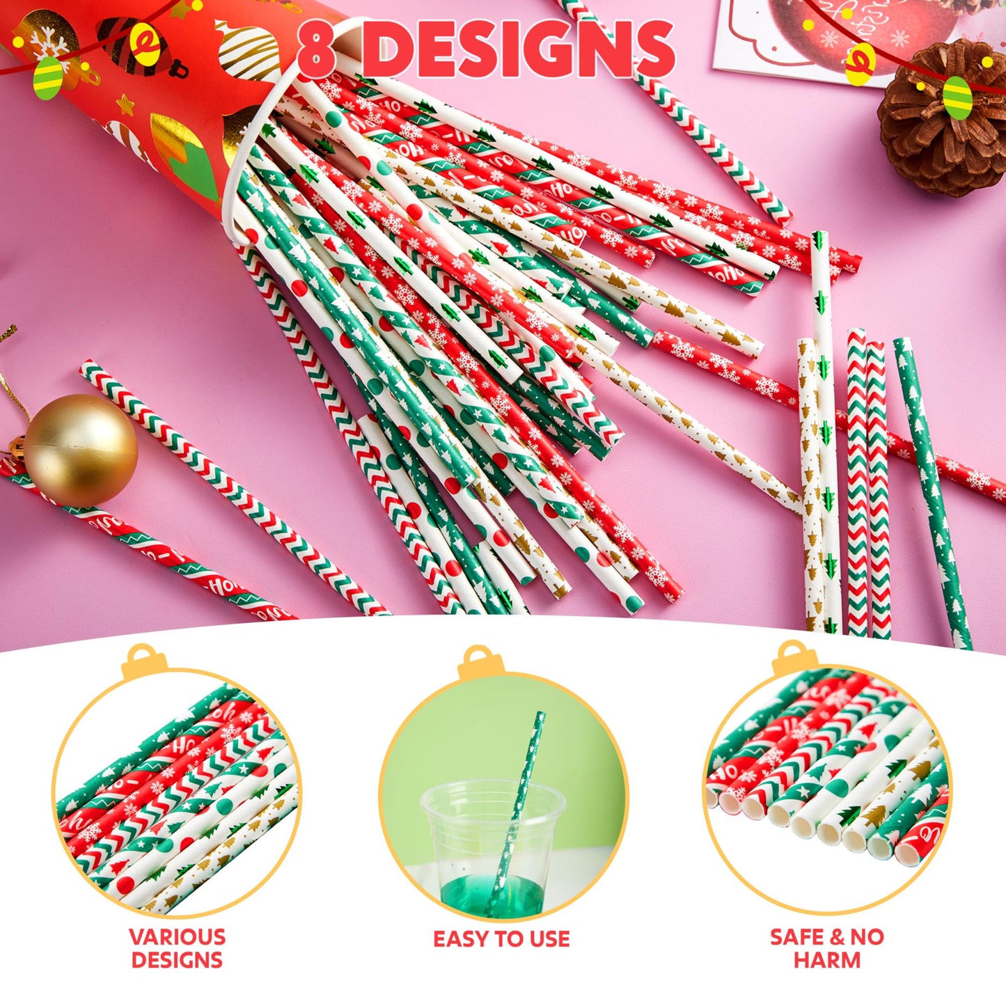 Joyfy 100 PCS Christmas Paper Straws, 8 Styles with Stripe, Wave, Christmas Tree Snowflake Design Decorations Supplies, for Xmas Drinkware Party Supplies, Party Decorations and Holiday Celebrations