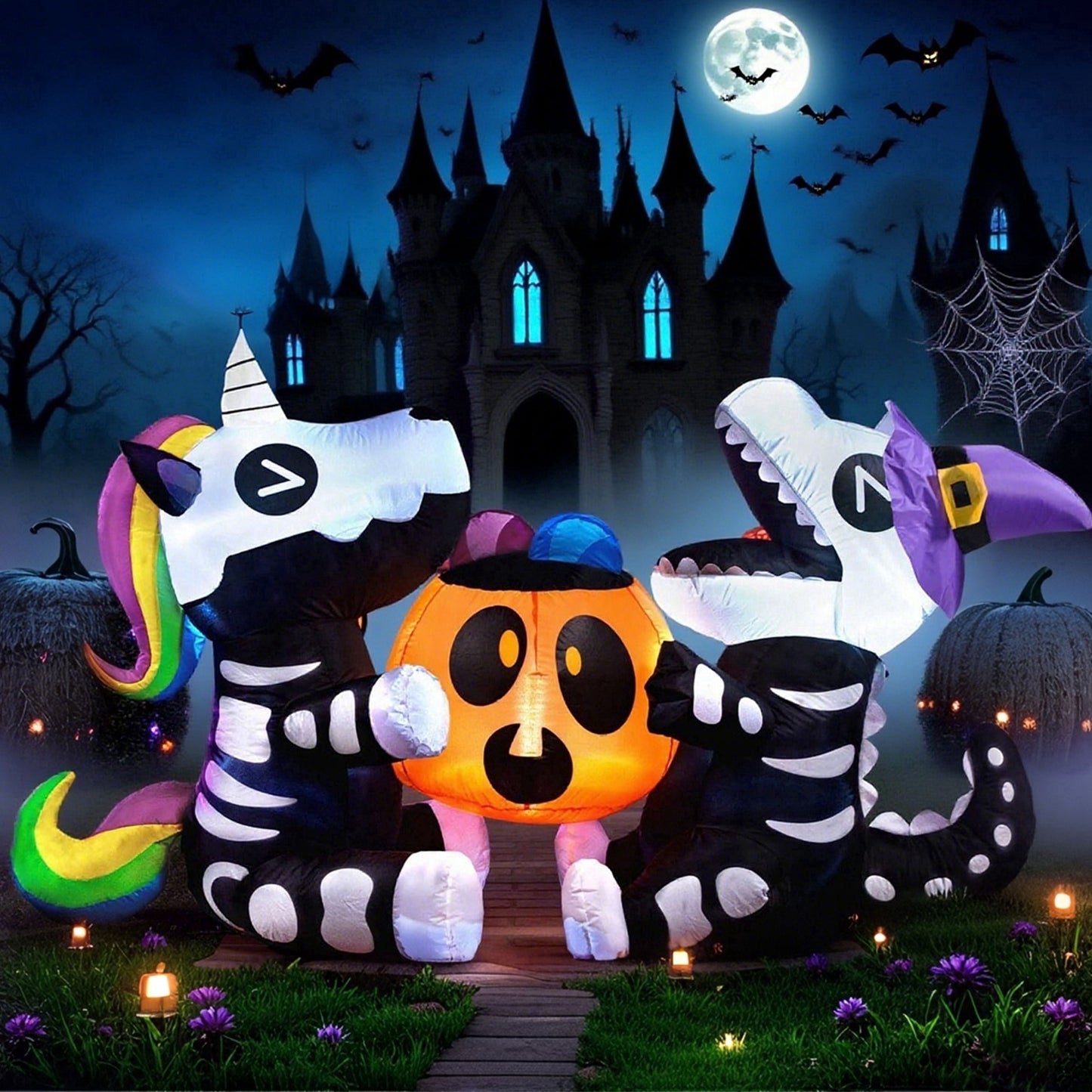 Joyfy 6 ft Long Halloween Inflatable Sitting Skeleton Unicorn and Dinosaur with Hold Pumpkin Build-in LEDs,Halloween Blow up Yard Decorations Outdoor Decorations