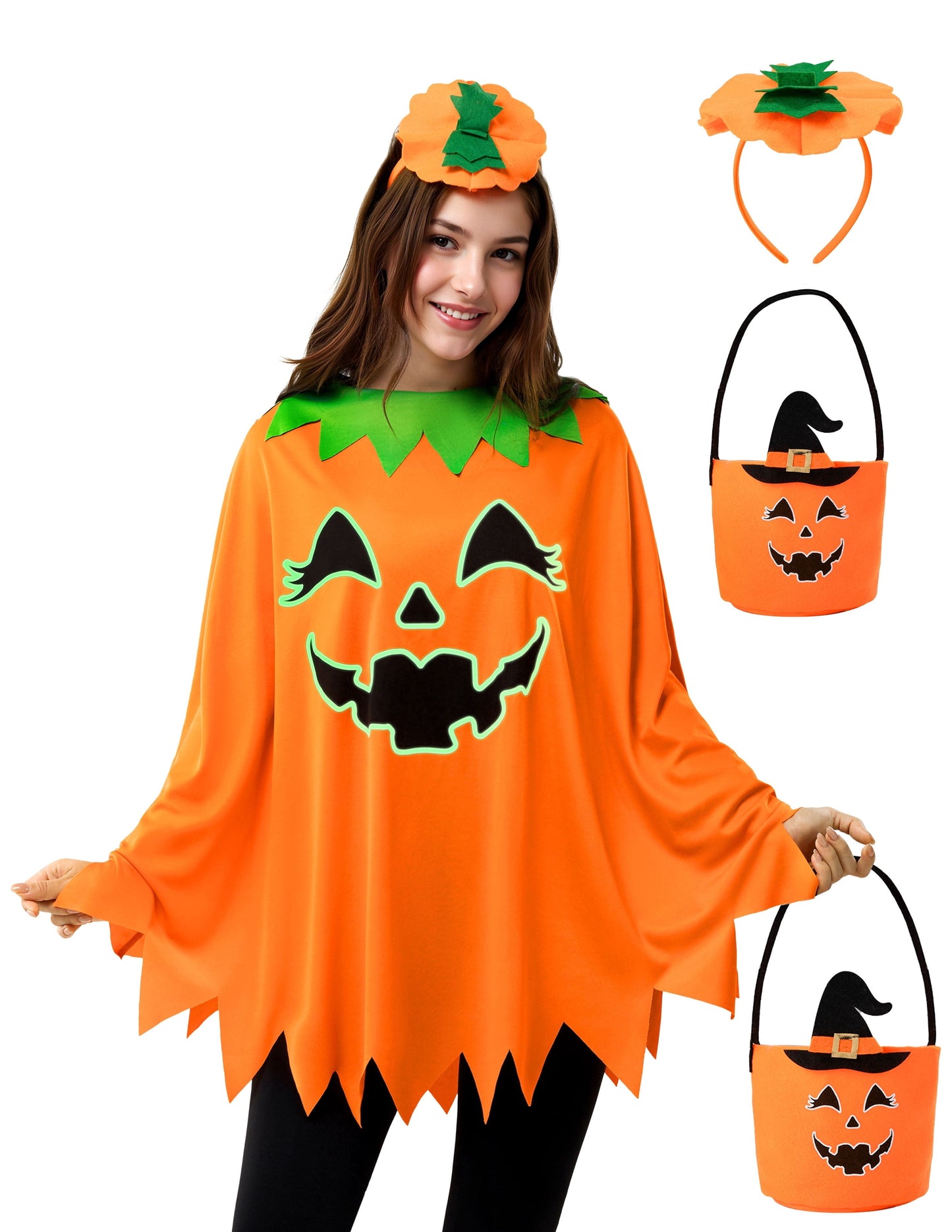 Joyfy Women Pumpkin Poncho Costume Adult Glow in the dark Pumpkin Costume with Basket and Headband Halloween Costumes for Women Fancy Dress Cosplay