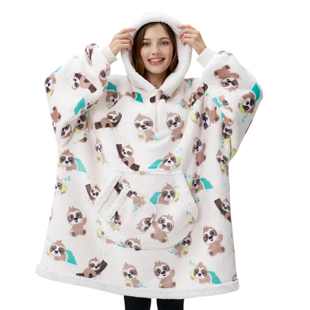 Joyfy Wearable Blanket Hoodie for Women Teen Girls Birthday Christmas Gifts Mom Wife, Flannel Fleece Hooded Robe with Pocket & Sleeves Cream Sloth